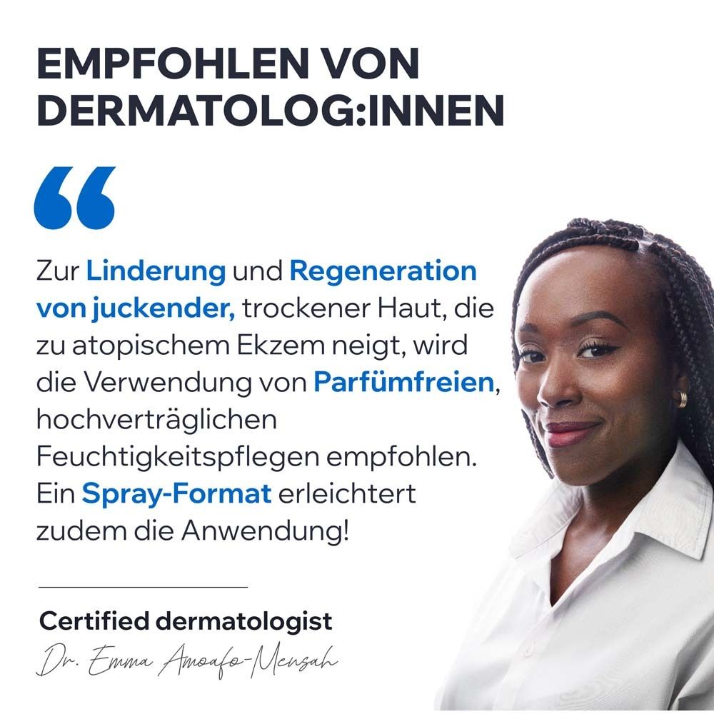 Empfohlen von Dermatolog:innen. Zitat: Linderung und Regeneration von juckender, trockener Haut. Spray-Format erleichtert die Anwendung!