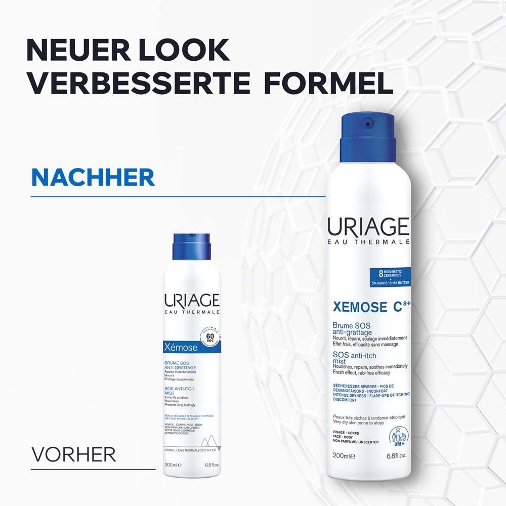 Neuer Look, verbesserte Formel. Uriage Xémose SOS anti-itch mist. Vorher/Nachher. 200ml Flasche mit blauem Sprühkopf.