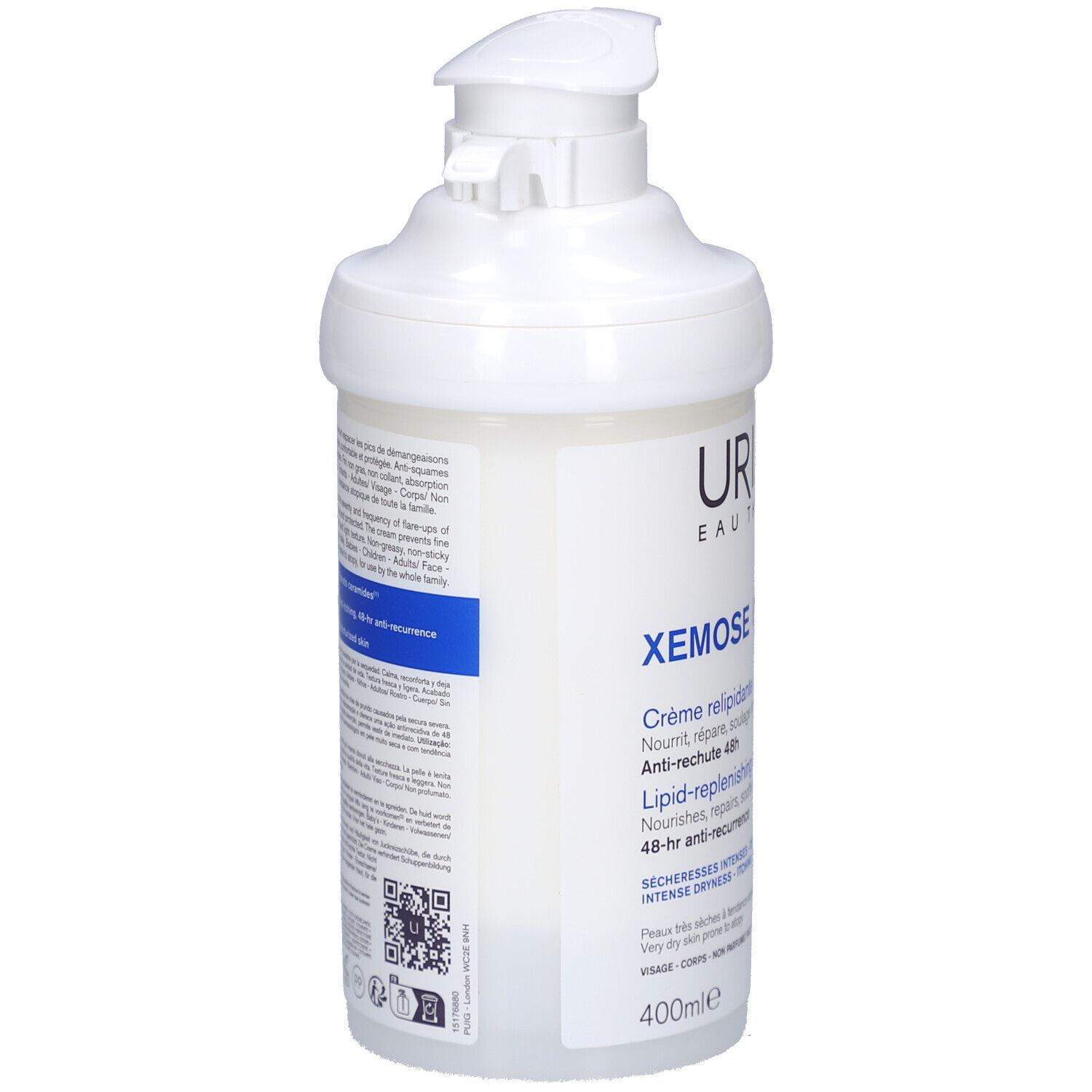 Weiße Creme-Flasche mit Pumpe. Aufschrift: Uriage, Xémose. Rückseite mit Text und QR-Code. 400ml.