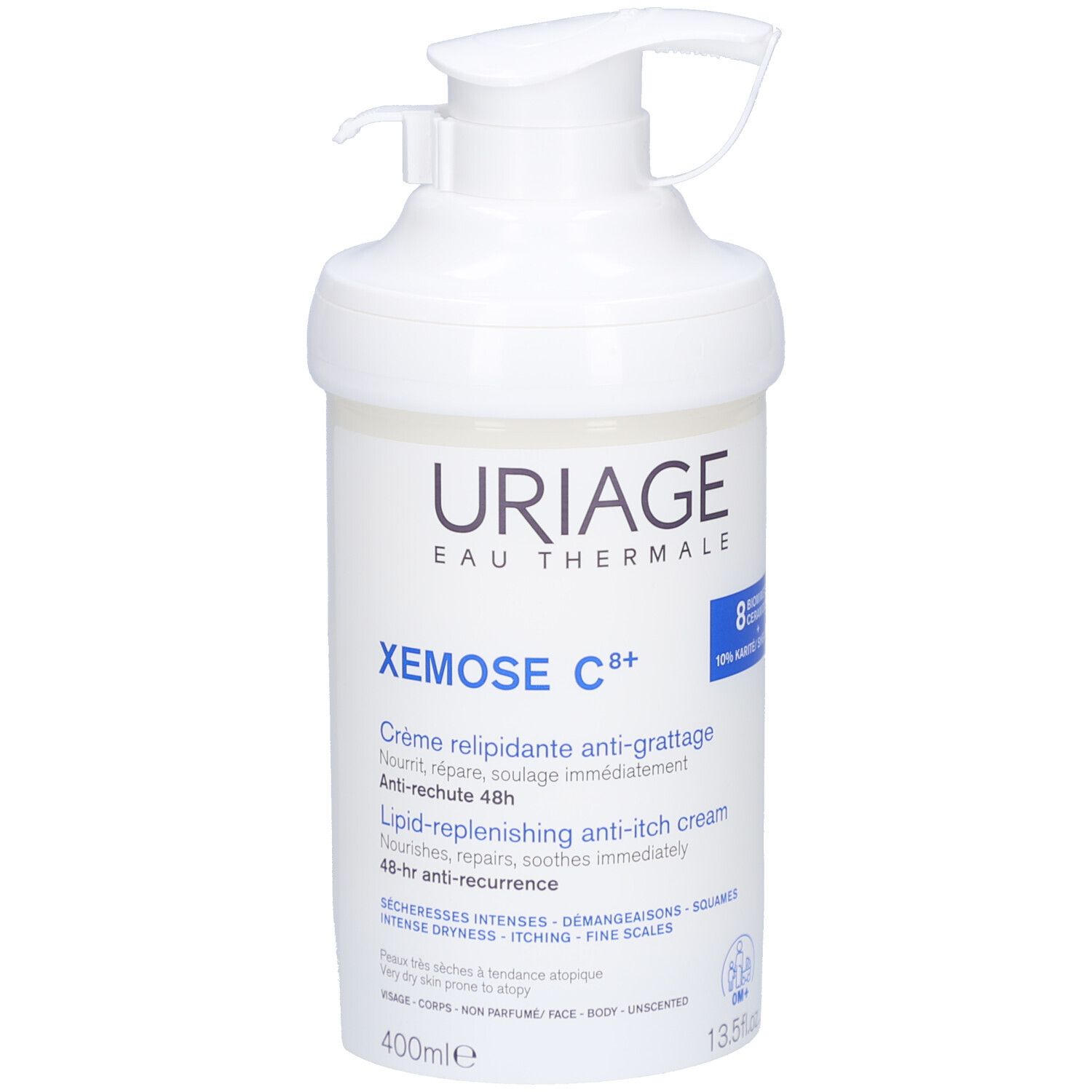 Weiße Creme-Flasche mit Pumpe. Aufschrift: Uriage, Xémose C8+. Anti-Juckreiz-Creme. 400ml.