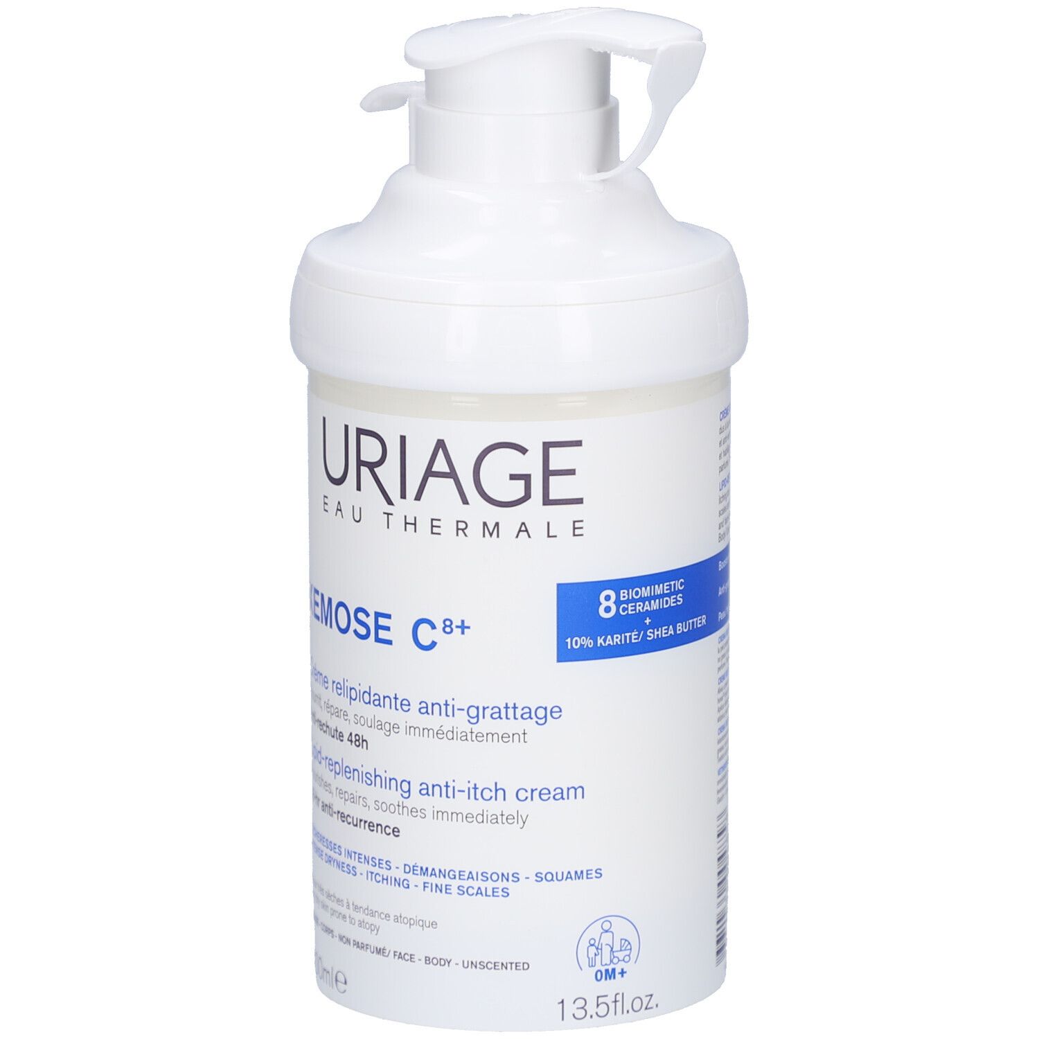 Weiße Creme-Flasche mit Pumpe. Aufschrift: Uriage, Xémose C8+. 8 Biomimetische Ceramide. 400ml.