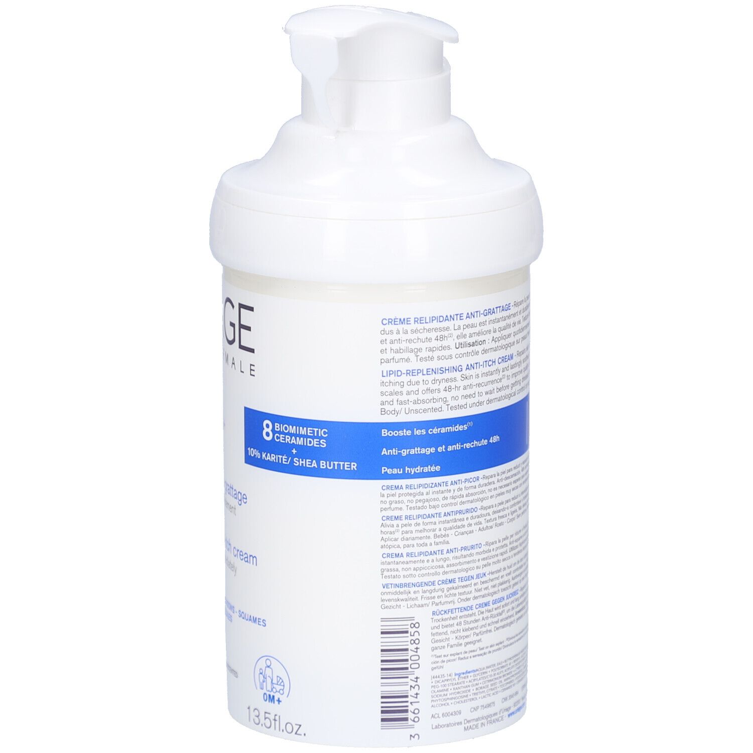 Weiße Creme-Flasche mit Pumpe. Rückseite mit Text. Aufschrift: Uriage, Xémose. 8 Ceramide. 400ml.