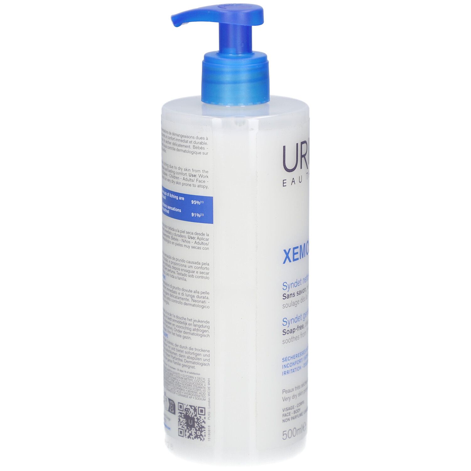 Rückansicht der weißen Flasche mit blauem Pumpkopf. Text in mehreren Sprachen. QR-Code und 500ml.