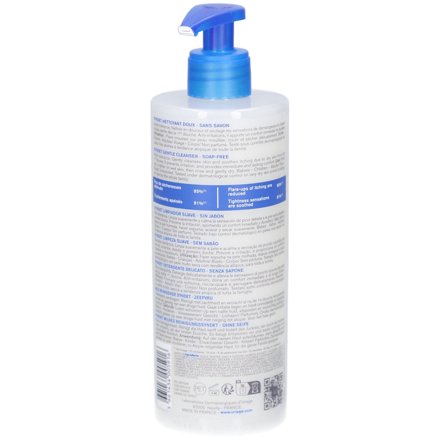 Rückansicht der weißen Flasche mit blauem Pumpkopf. Text in mehreren Sprachen. QR-Code und 500ml.