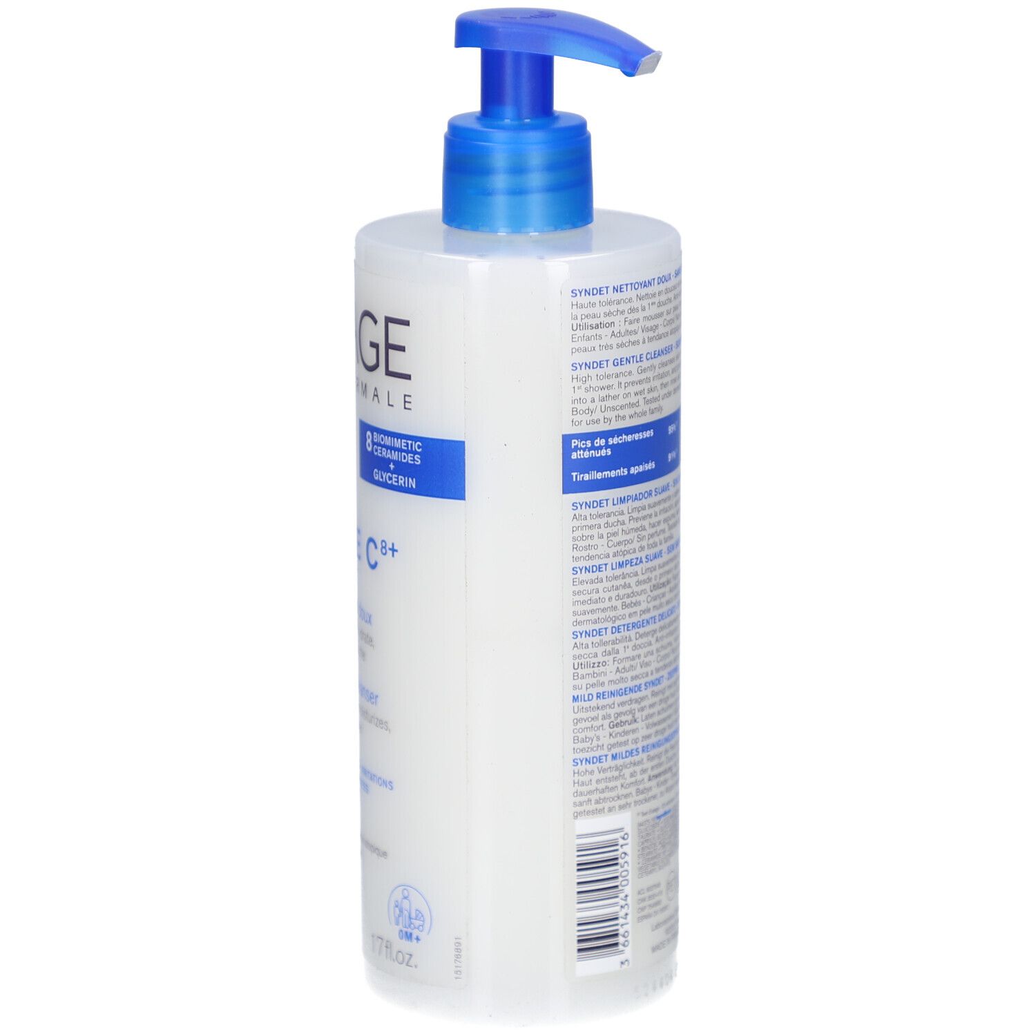 Seitenansicht der weißen Flasche mit blauem Pumpkopf. Aufschrift URIAGE, XEMOSE C8+. Text in mehreren Sprachen. 500ml.