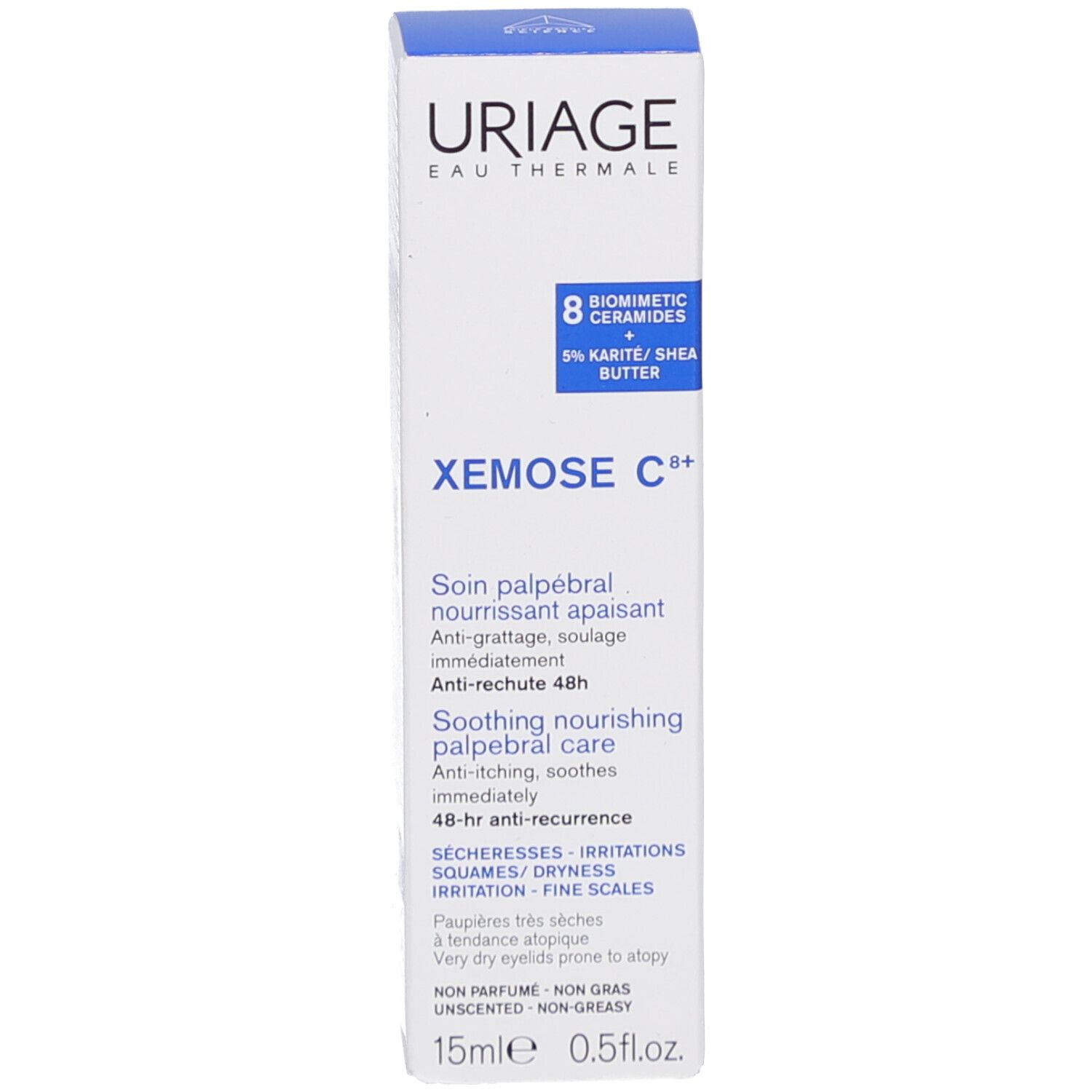 Uriage Xémose C8+ Verpackung. Text: Xémose C8+, 8 Biomimetic Ceramides, 5% Karité/Shea Butter, 15ml, Soin palpébral.