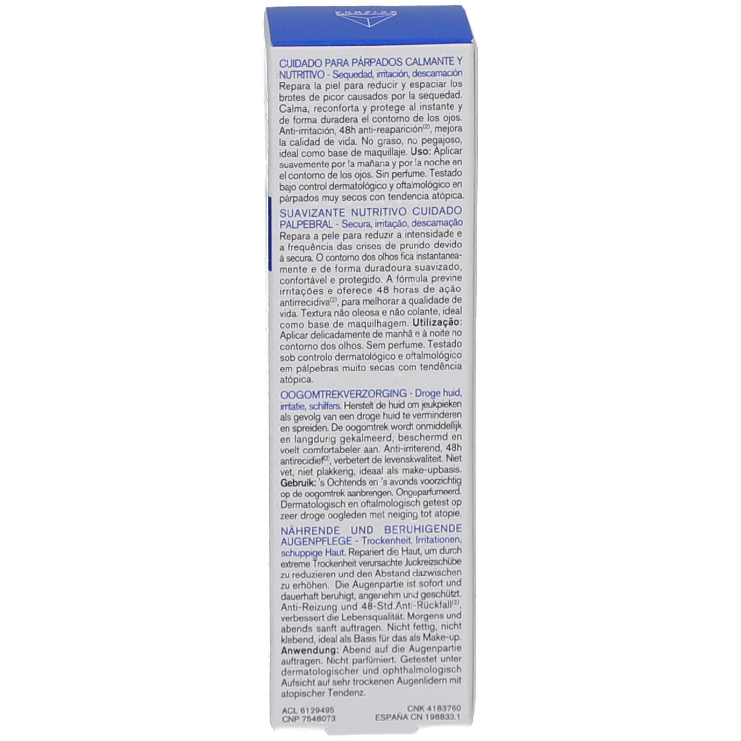 Verpackung Uriage Xémose C8+. Text: Cuidado para párpados calmante y nutritivo, 6M-Symbol.