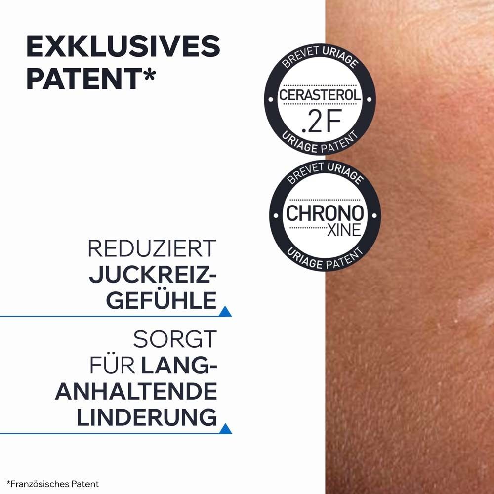 Grafik mit Text: Exklusives Patent. Cerasterol 2F und Chrono-Xine. Reduziert Juckreiz, sorgt für langanhaltende Linderung.