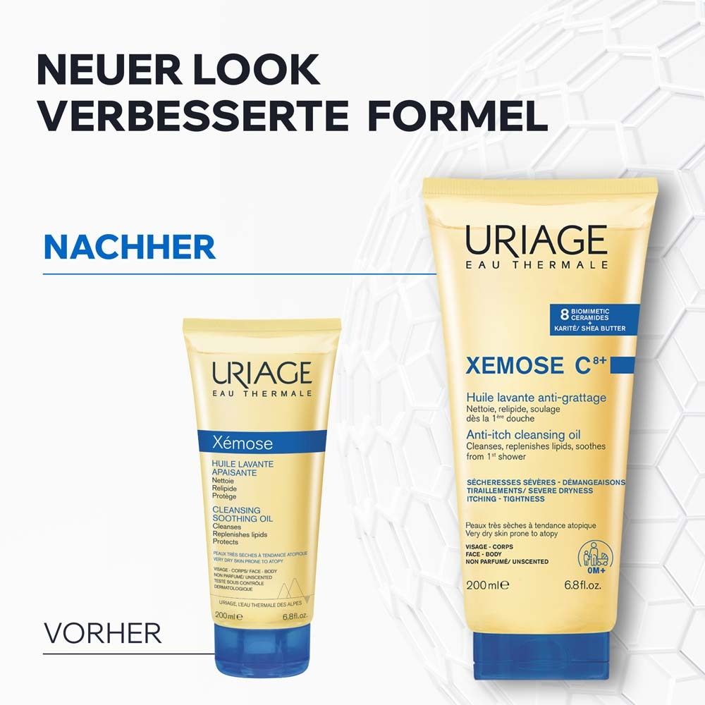 Vorher-Nachher-Bild. Links: Uriage Xémose. Rechts: Uriage Xémose C8+ Duschöl. Verbesserte Formel.
