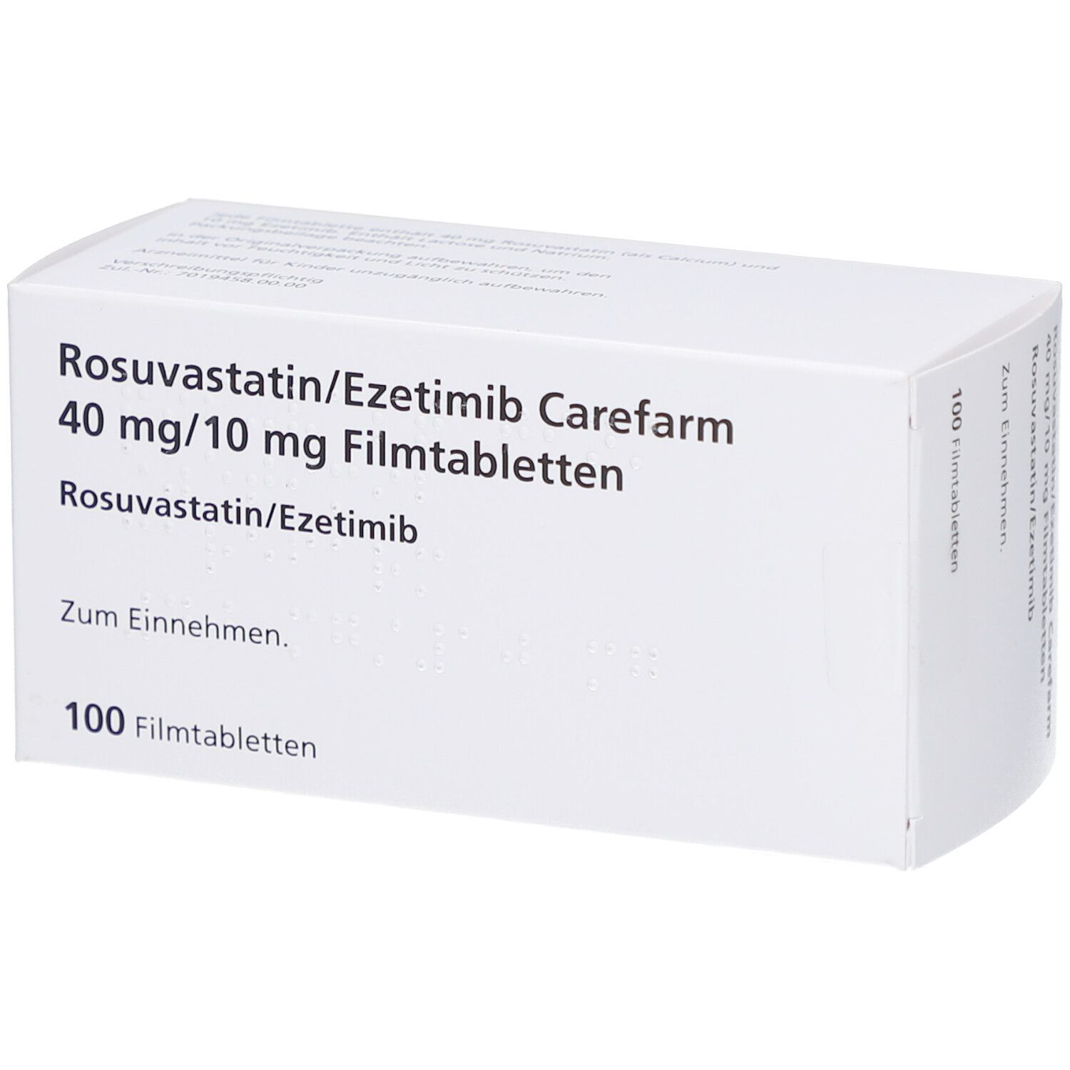 Weiße Arzneimittelverpackung mit Produktnamen und Dosierung. Enthält 100 Filmtabletten. Text in deutscher Sprache.