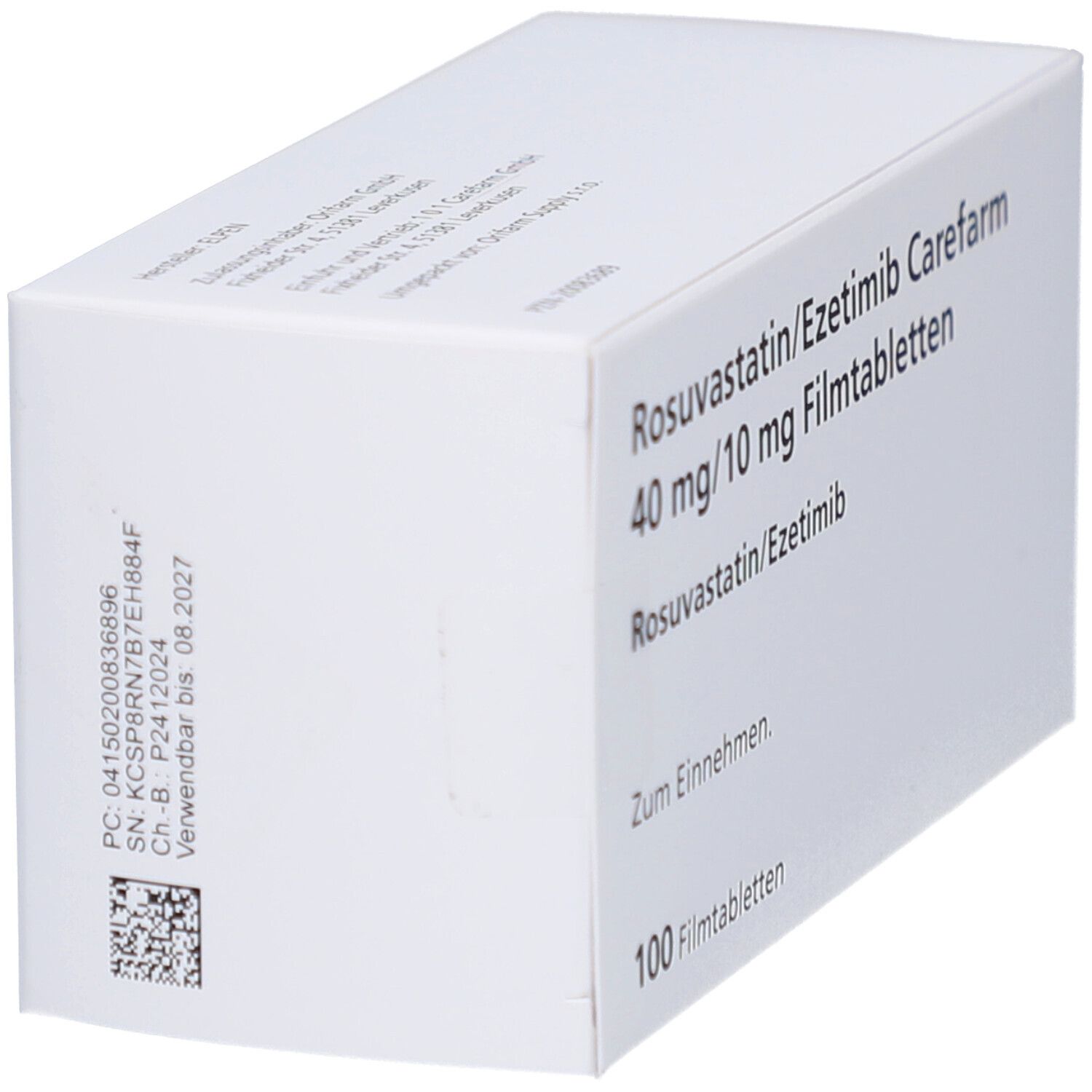 Schräg gestellte Arzneimittelverpackung. Produktname und Dosierung sind sichtbar. Enthält 100 Filmtabletten. Text in deutscher Sprache.