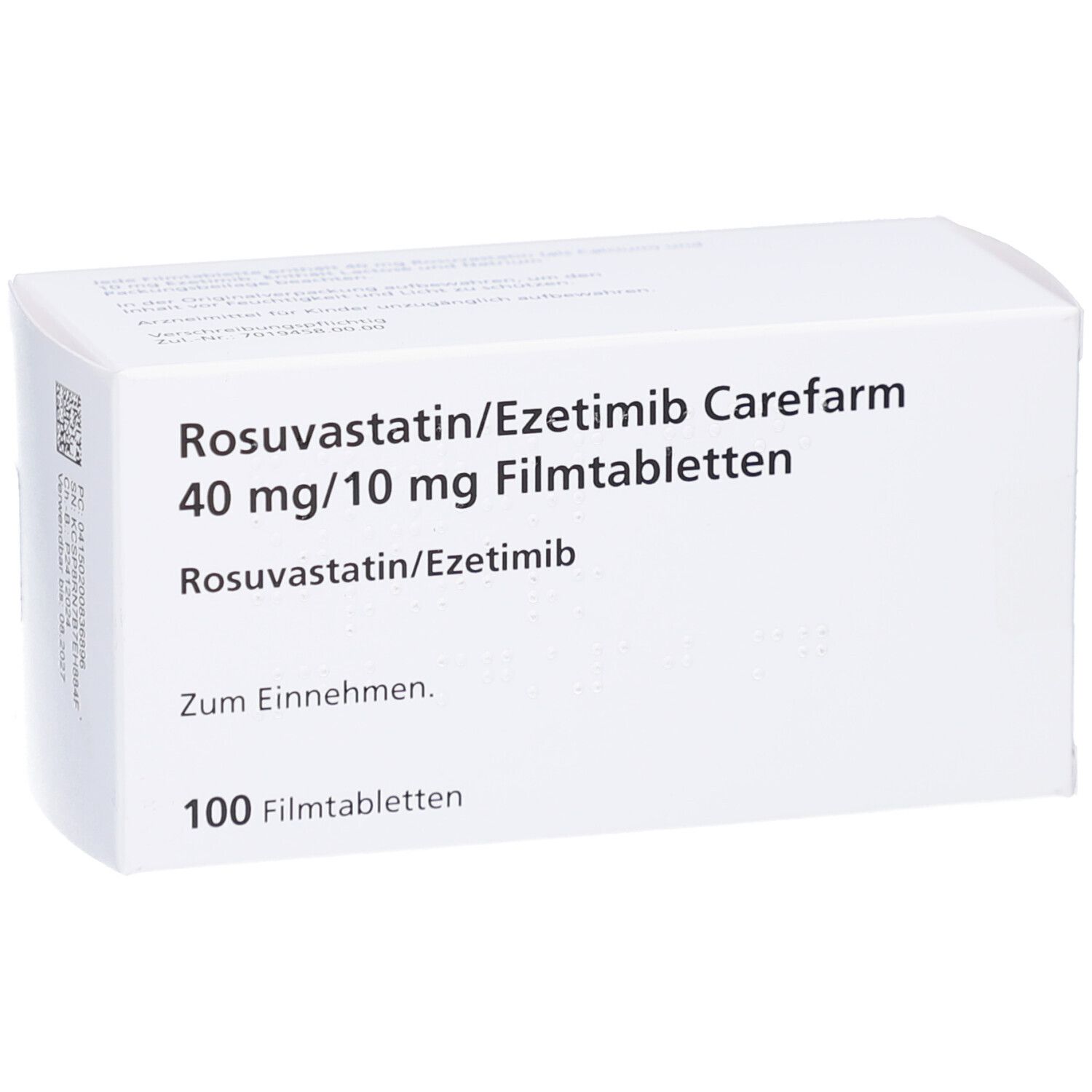 Weiße Arzneimittelverpackung mit Produktnamen und Dosierung. Enthält 100 Filmtabletten. Text in deutscher Sprache.