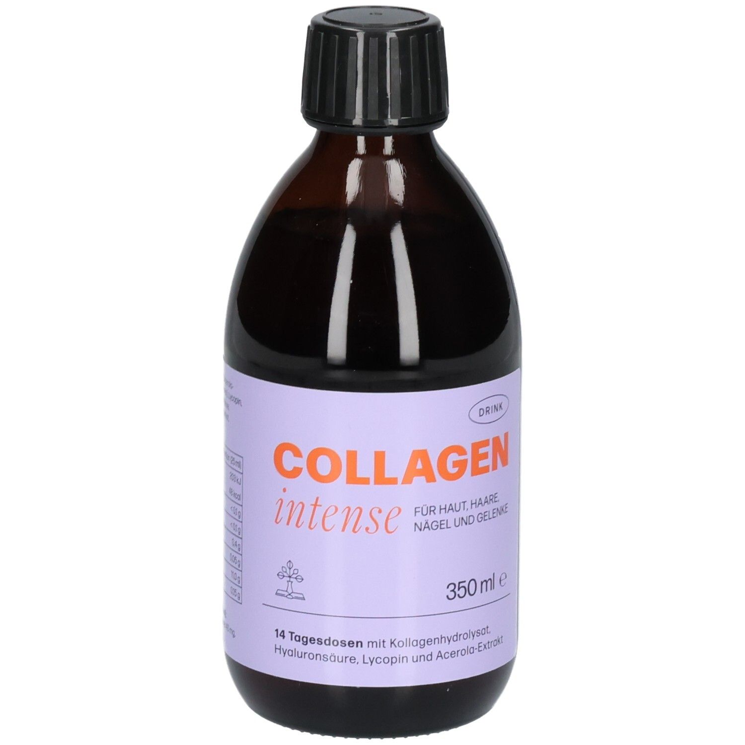 Braune Flasche mit schwarzem Deckel. Etikett mit "COLLAGEN intense" und weiteren Angaben. 350 ml.