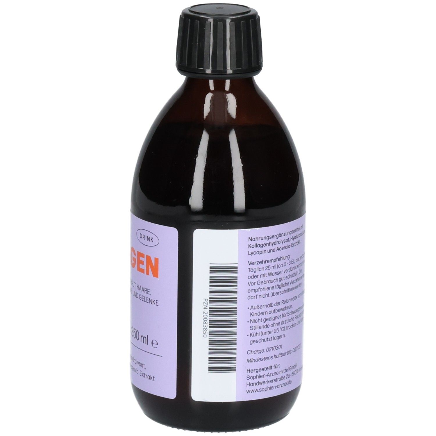 Braune Flasche mit schwarzem Deckel. Etikett mit "COLLAGEN intense" und weiteren Angaben. 350 ml.