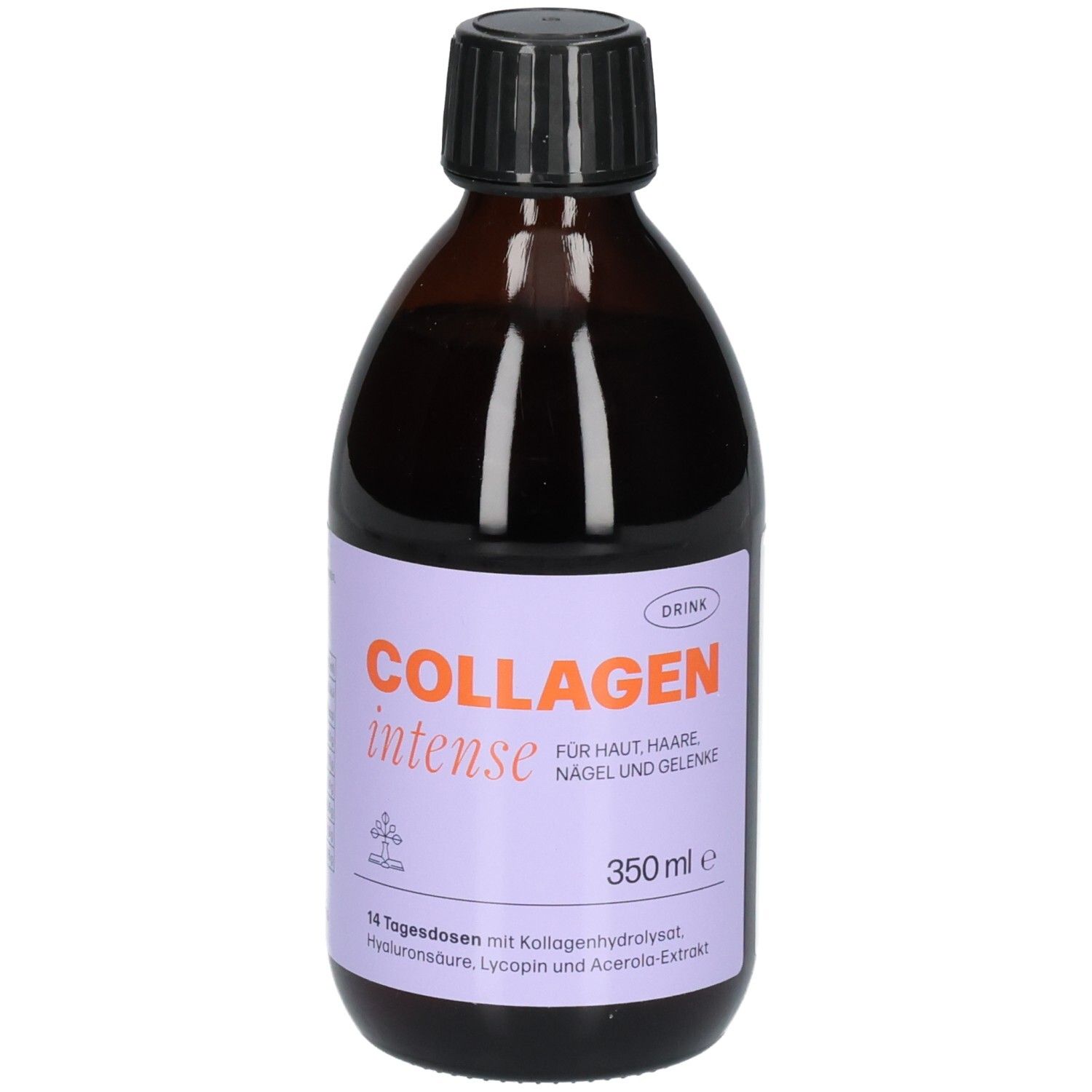 Braune Flasche mit schwarzem Deckel. Etikett mit "COLLAGEN intense" und weiteren Angaben. 350 ml.