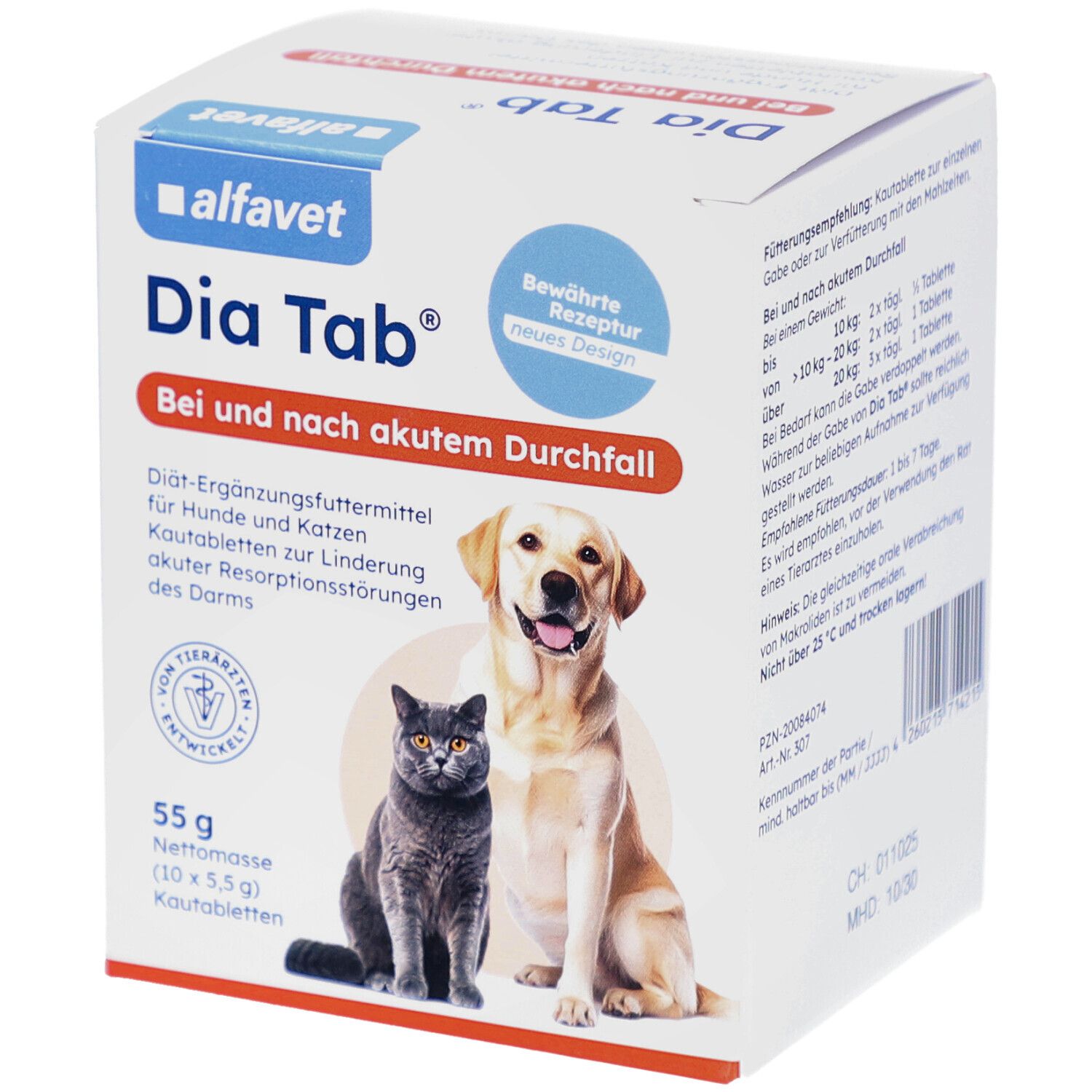 Karton von Dia Tab. Enthält Kautabletten für Hunde und Katzen. Abgebildet sind ein Hund und eine Katze.