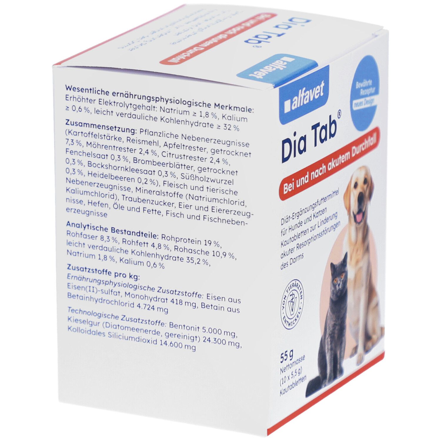 Dia Tab-Karton mit Inhaltsangaben. Enthält Inhaltsstoffe und analytische Bestandteile. Abgebildet sind ein Hund und eine Katze.