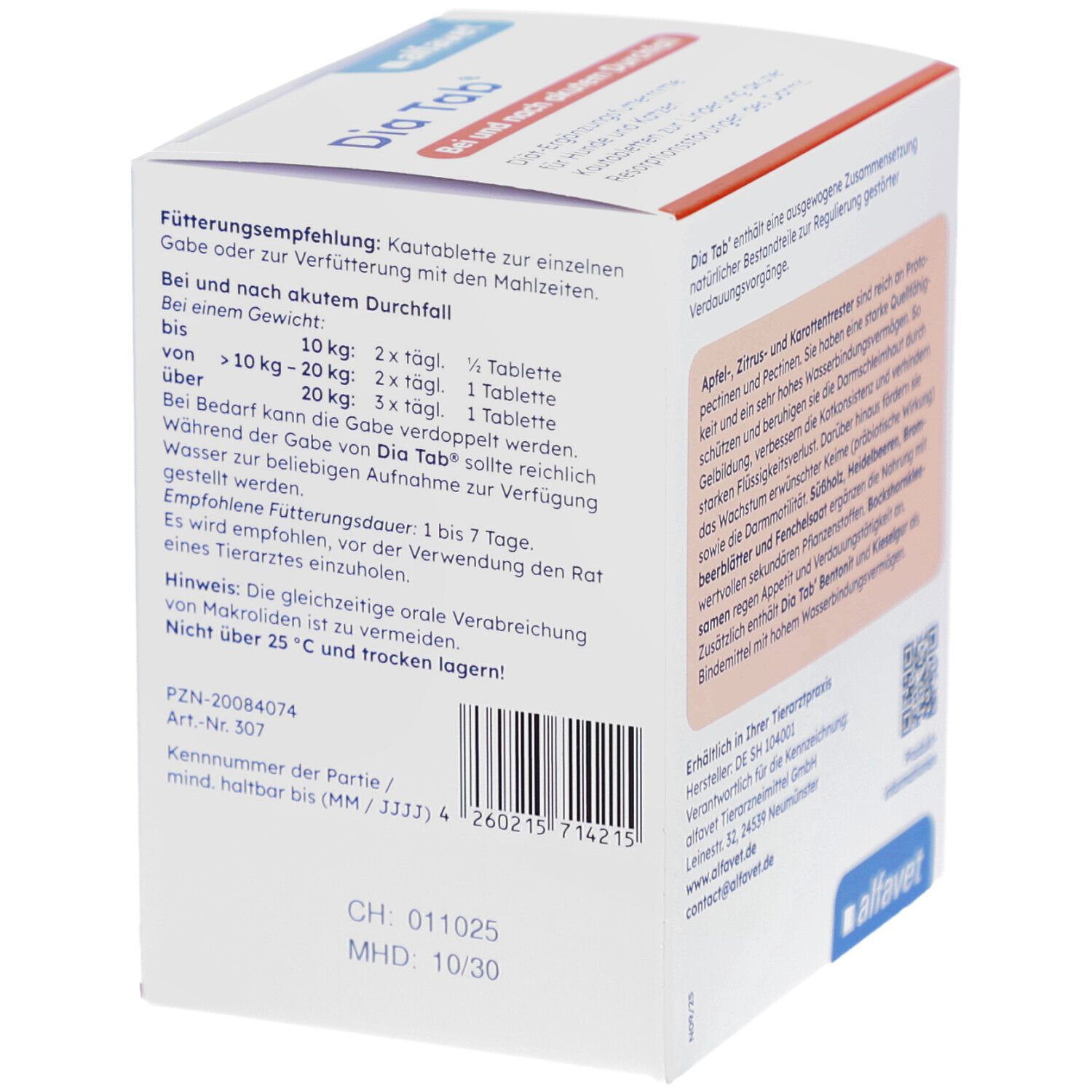 Dia Tab-Karton mit Fütterungsempfehlung. Enthält Informationen zur Dosierung. Mit Barcode und MHD.