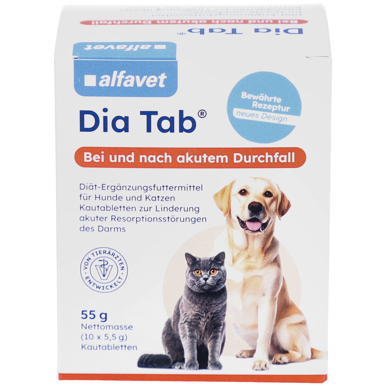 Dia Tab-Karton. Enthält Kautabletten für Hunde und Katzen. Abgebildet sind ein Hund und eine Katze.