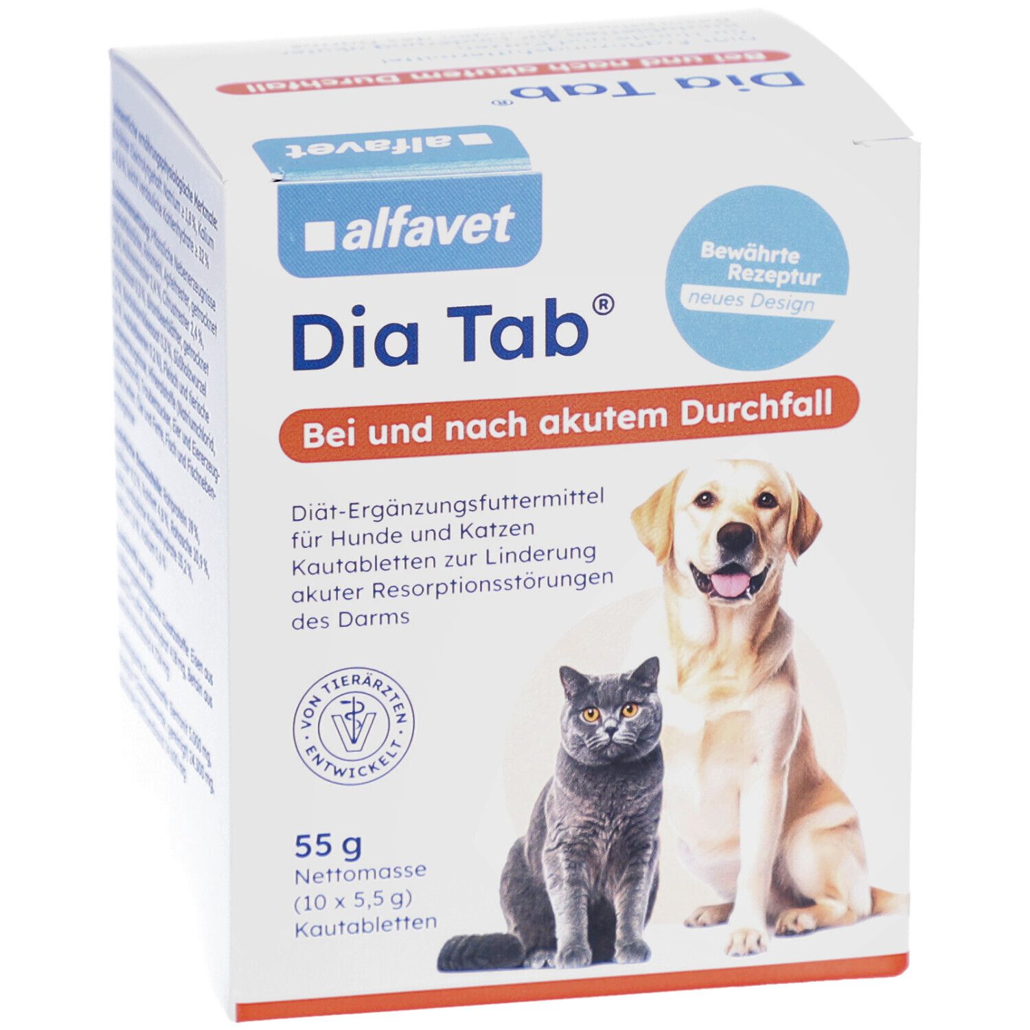 Dia Tab-Karton. Enthält Kautabletten für Hunde und Katzen. Abgebildet sind ein Hund und eine Katze.