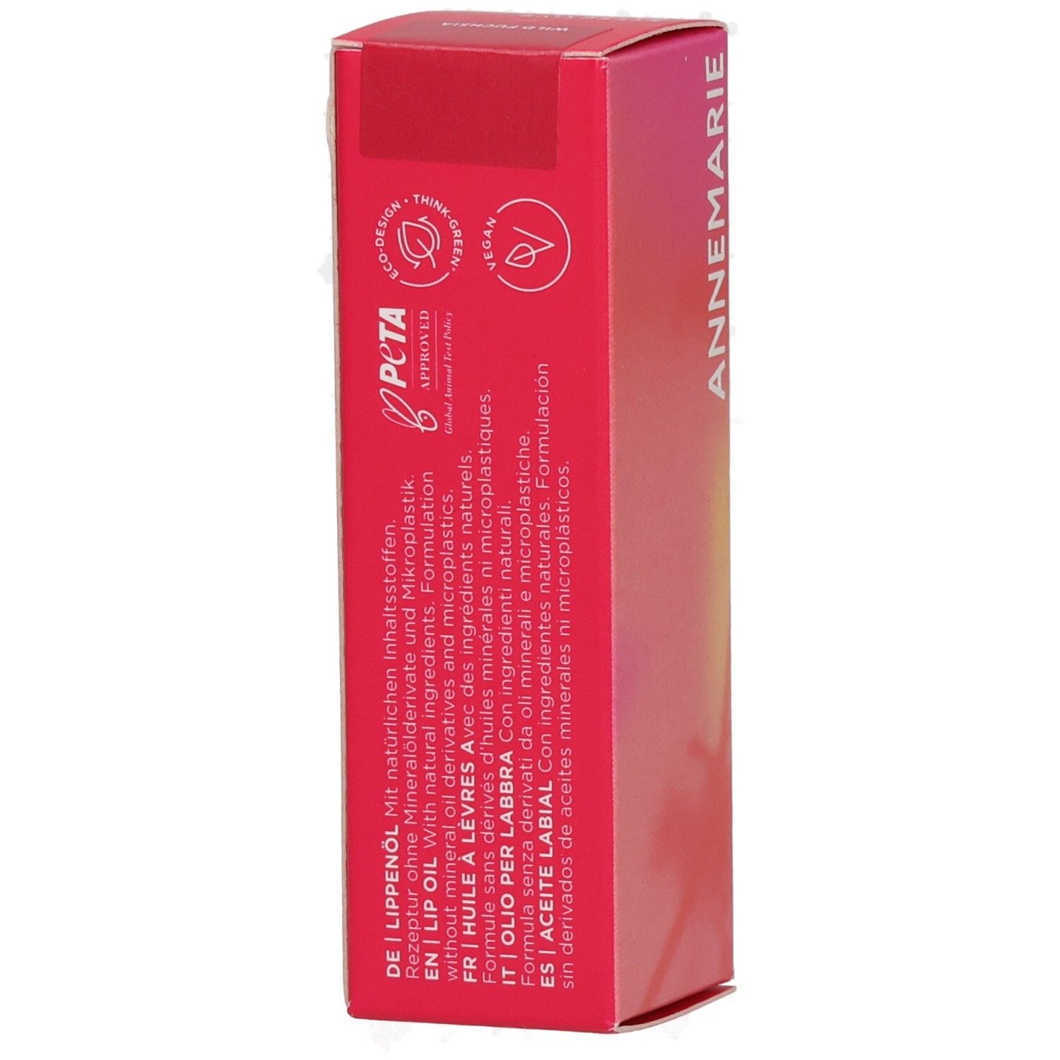 ANNEMARIE BÖRLIND Lip Oil Wild Fuchsia Verpackung mit PETA-Siegel und Inhaltsstoffen.
