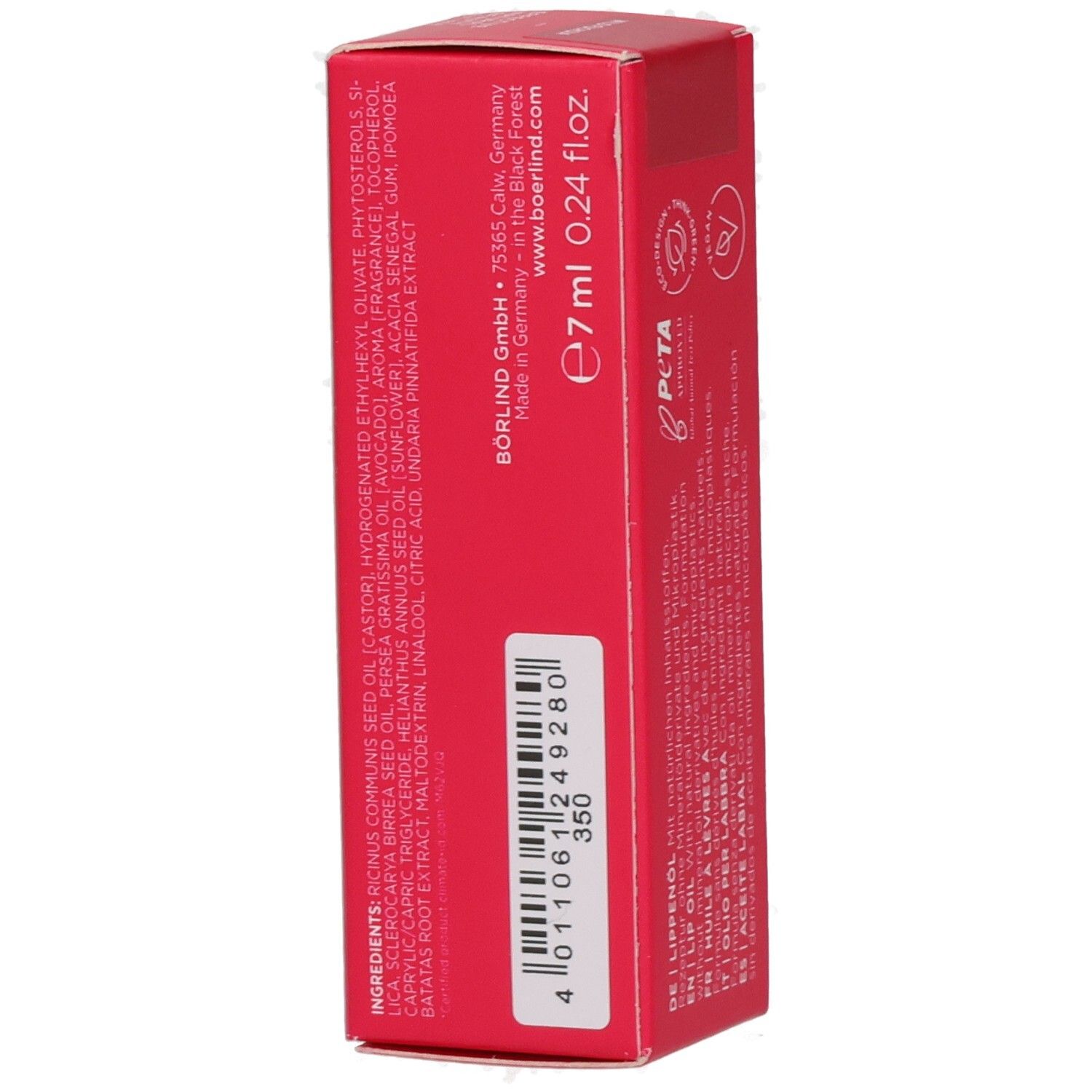 ANNEMARIE BÖRLIND Lip Oil Wild Fuchsia Verpackung mit Inhaltsstoffen, Barcode und 7ml Angabe.