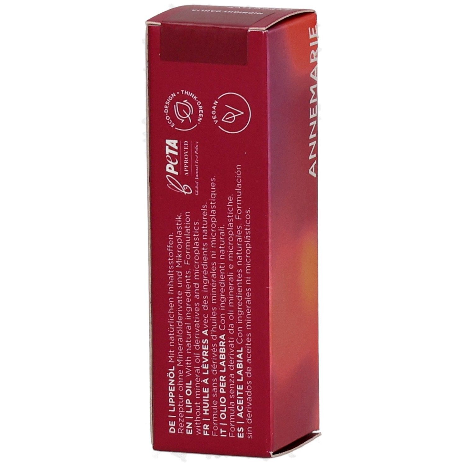 Rückseite der ANNEMARIE BÖRLIND Lip Oil Verpackung mit Siegeln und Inhaltsstoffen.
