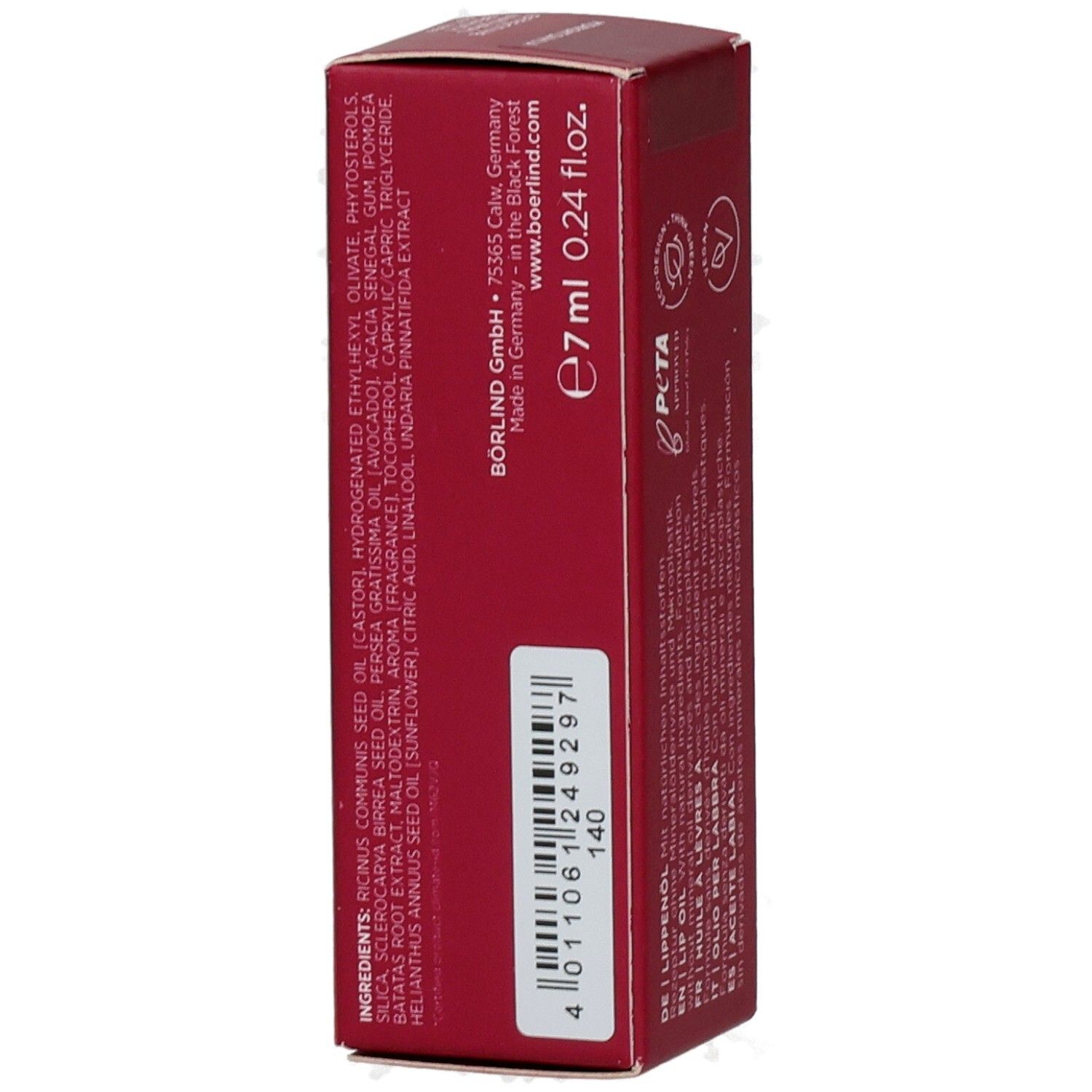 Seitenansicht der ANNEMARIE BÖRLIND Lip Oil Verpackung mit Inhaltsstoffen und Barcode.