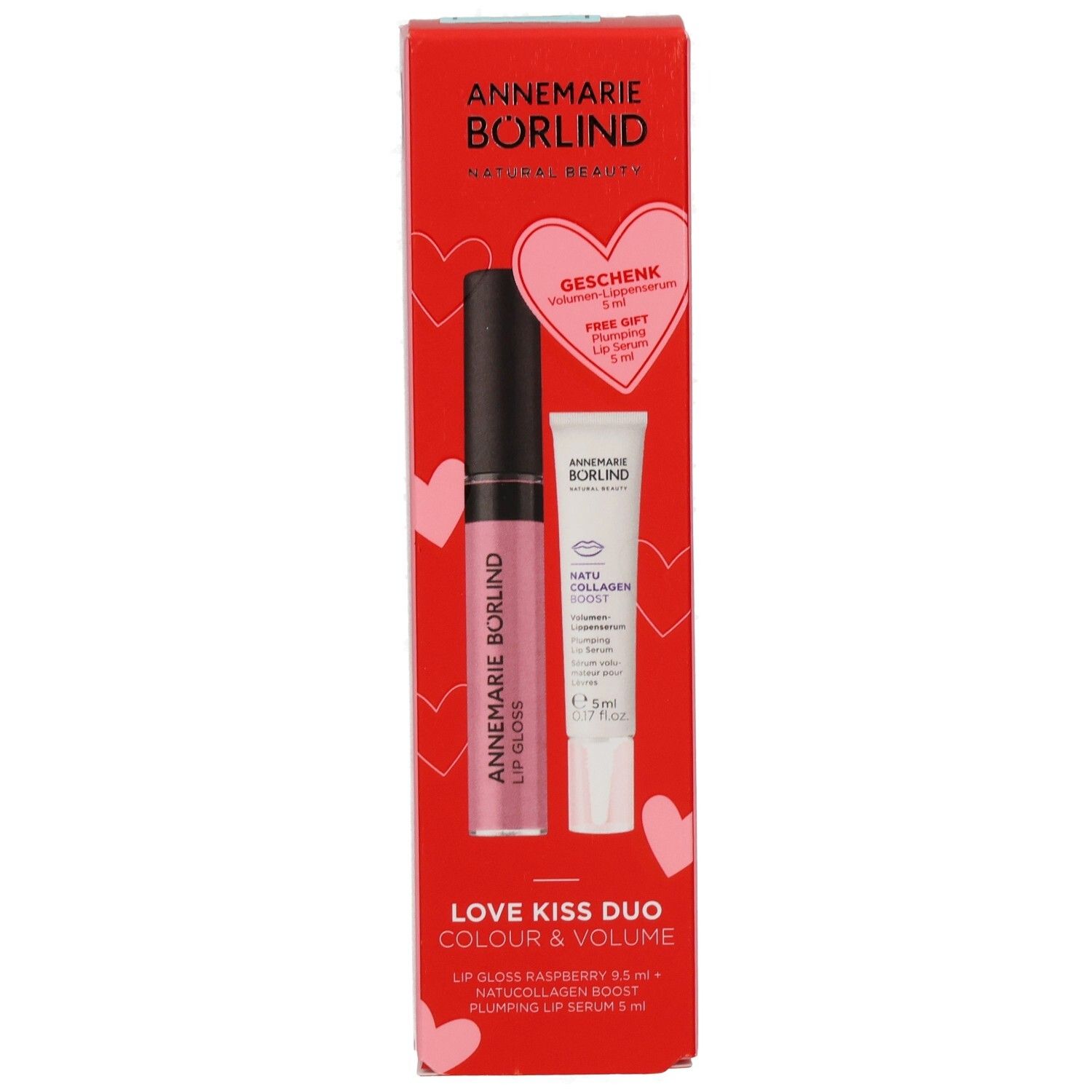ANNEMARIE BÖRLIND Love Kiss Duo: Vorderseite der Verpackung mit Lippen-Gloss und Serum.