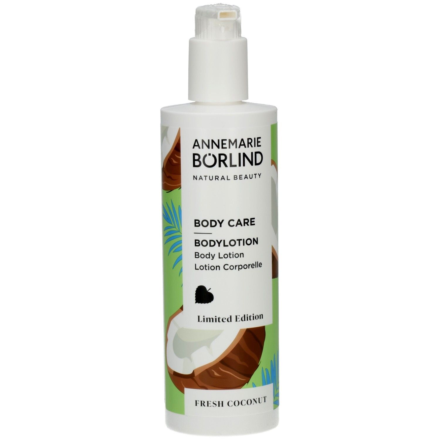 Weiße Pumpflasche mit Kokos-Motiv und Aufschrift "BODYLOTION FRESH COCONUT".