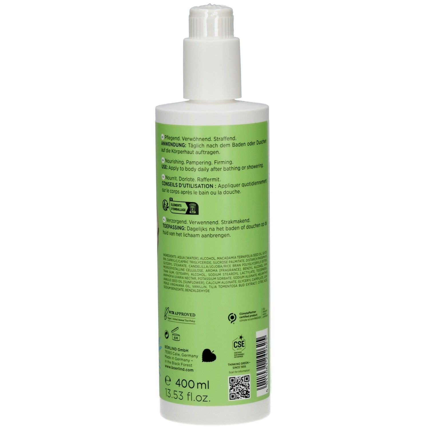 Rückseite einer weißen Pumpflasche mit Kokos-Motiv, Angabe "400 ml" und Siegeln.