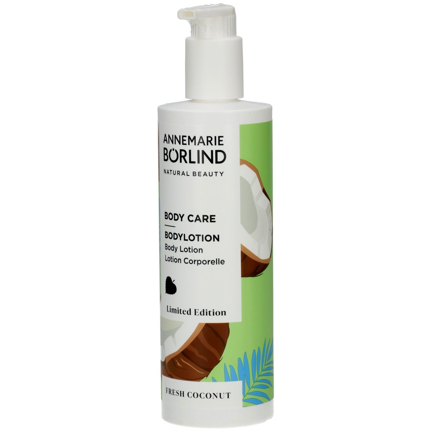 Weiße Pumpflasche mit Kokos-Motiv und Aufschrift "BODYLOTION FRESH COCONUT".