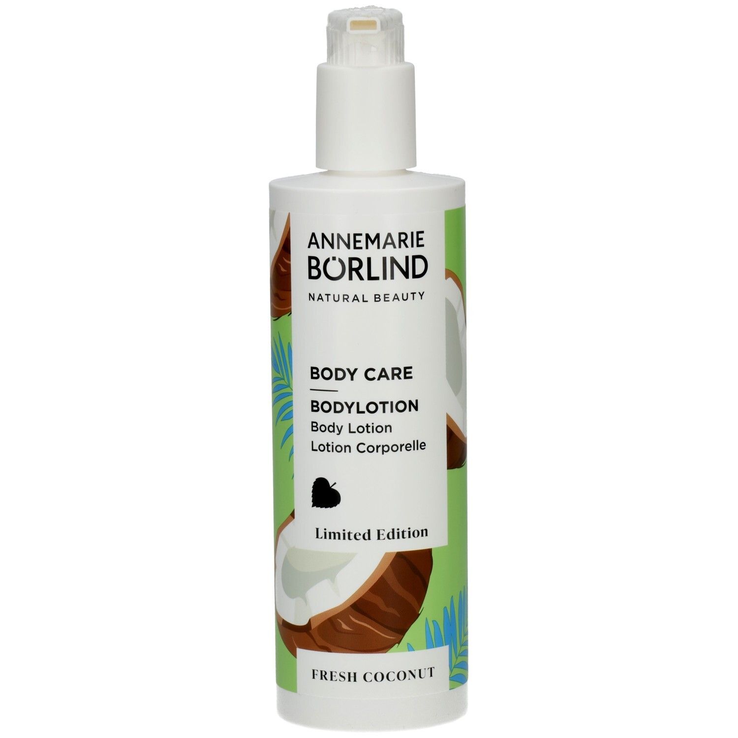 Weiße Pumpflasche mit Kokos-Motiv und Aufschrift "BODYLOTION FRESH COCONUT".