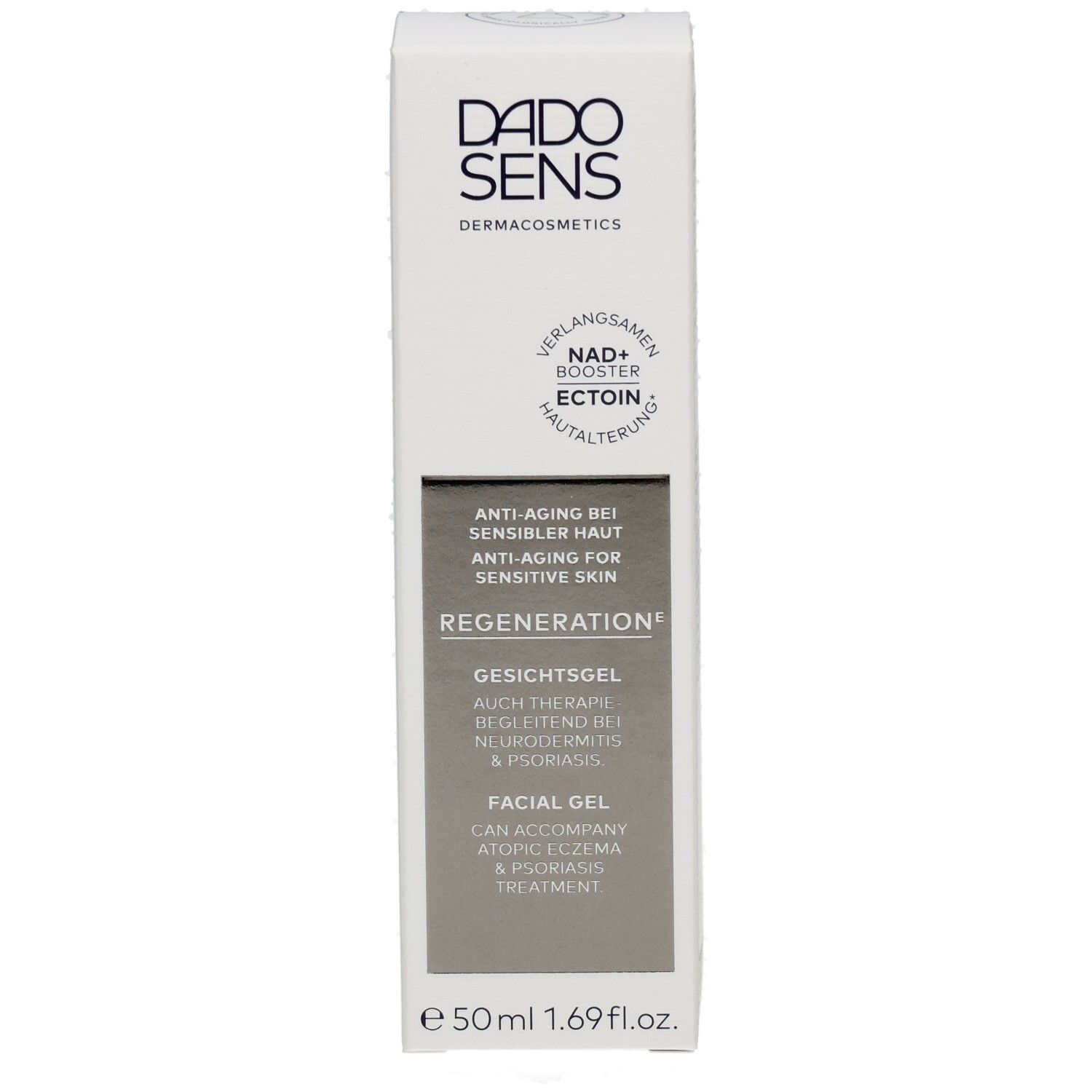 Vorderseite der DADOSENS Regeneration E Gesichtsgel Faltschachtel mit Produktbezeichnung und Volumen.