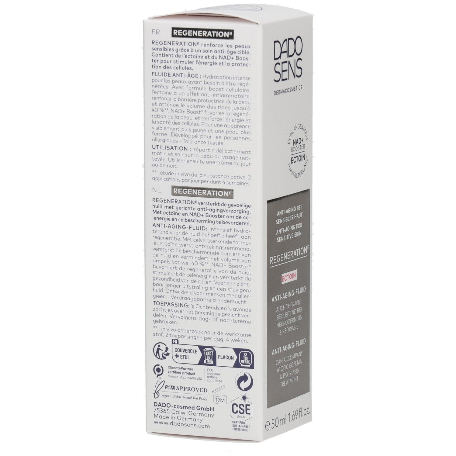 DADOSENS Regeneration Ectoin Anti-Aging-Fluid Faltschachtel, Rückseite mit Anwendungshinweisen und Inhaltsstoffen.