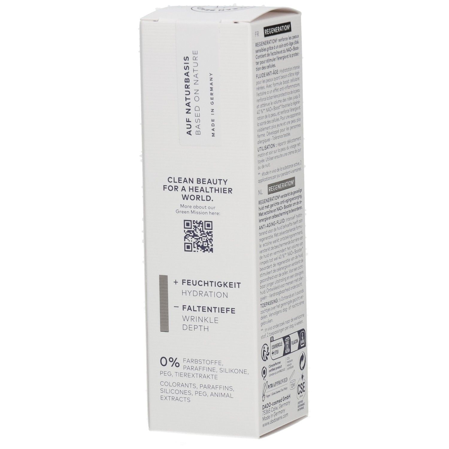 DADOSENS Regeneration Ectoin Anti-Aging-Fluid Faltschachtel, Seite mit "Auf Naturbasis" und QR-Code.