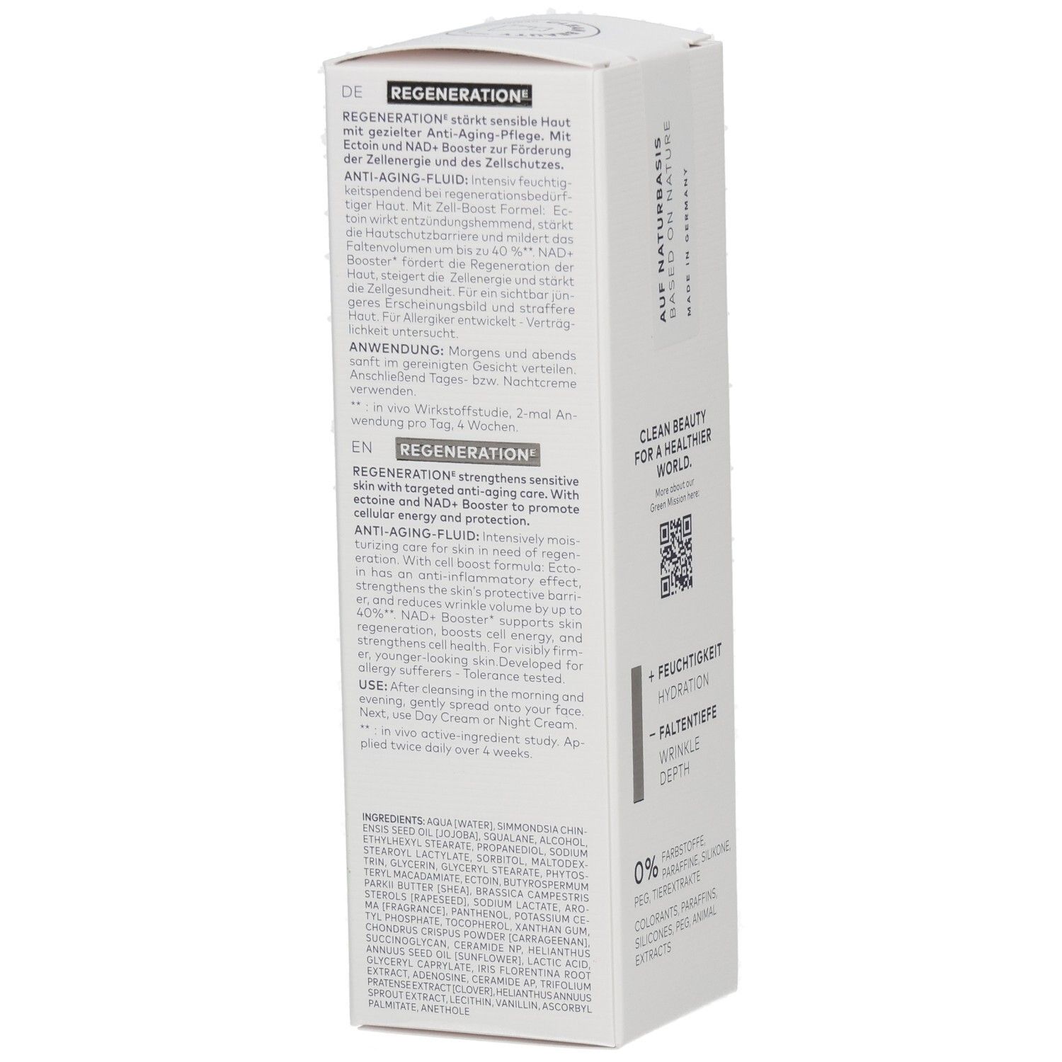 DADOSENS Regeneration Ectoin Anti-Aging-Fluid Faltschachtel, Seite mit Produktvorteilen und Inhaltsstoffangaben.