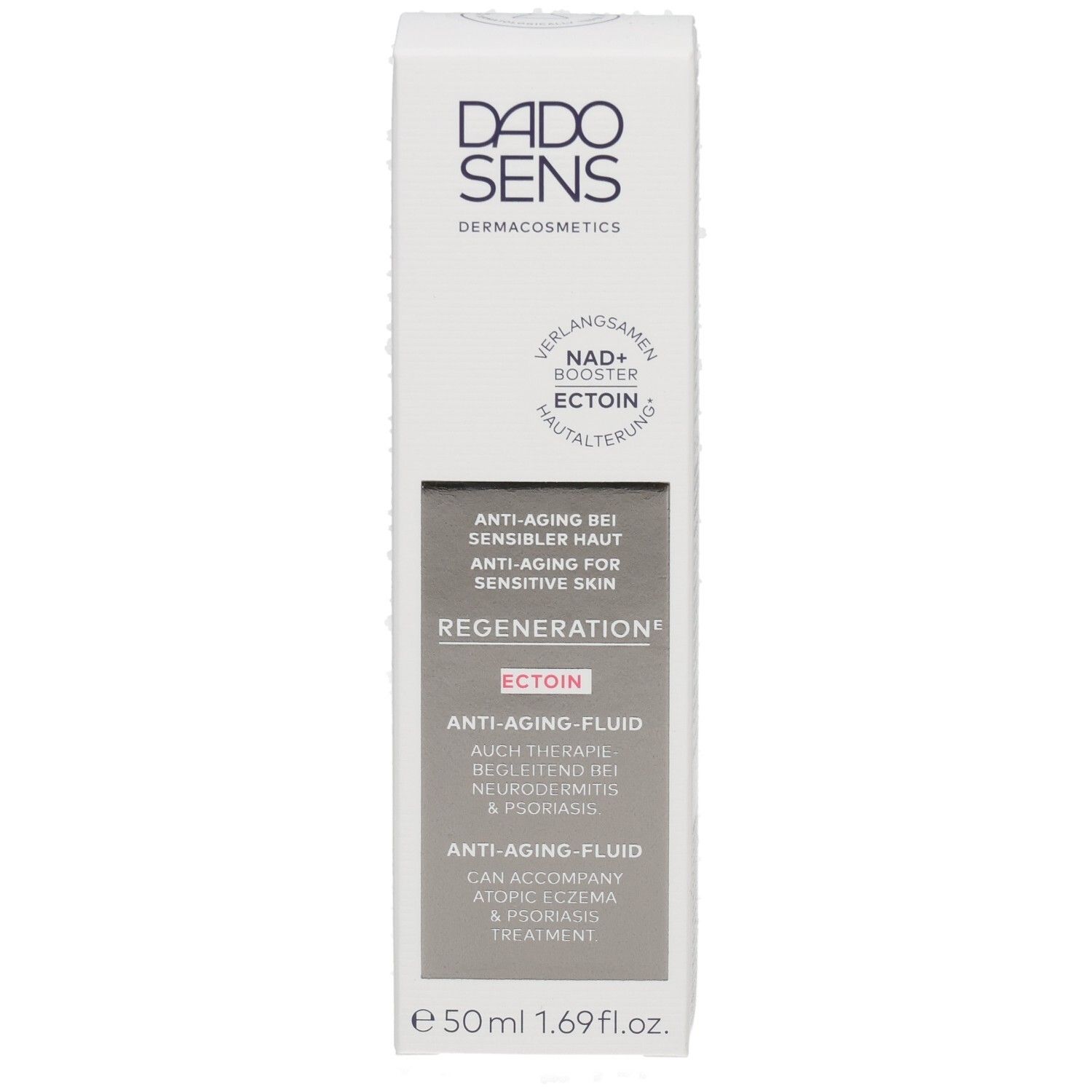 DADOSENS Regeneration Ectoin Anti-Aging-Fluid Faltschachtel, Vorderseite mit Produktbezeichnung und Ectoin-Hinweis.