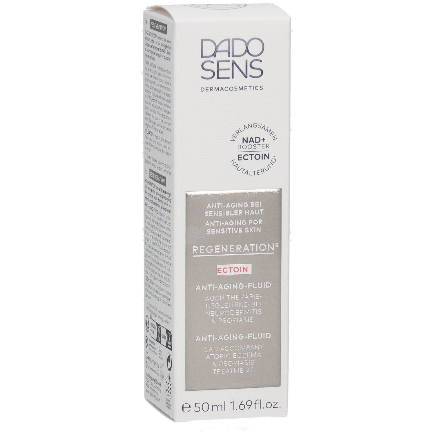 DADOSENS Regeneration Ectoin Anti-Aging-Fluid Faltschachtel, Vorderseite mit Produktbezeichnung und Ectoin-Hinweis.