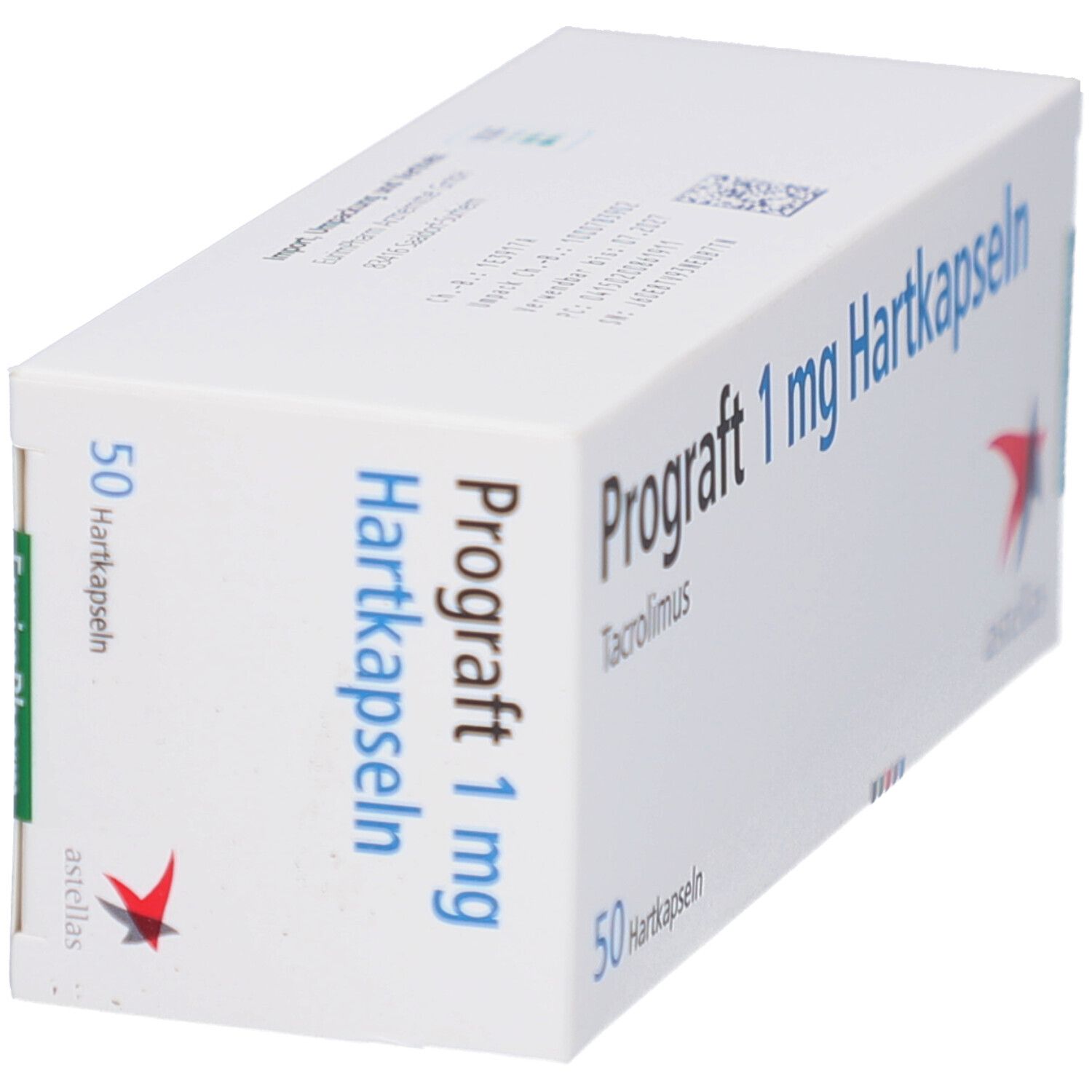 Weiße Schachtel, schräg. Aufschrift: Prograft 1 mg Hartkapseln. Enthält 50 Hartkapseln. Logo von Astellas und EurimPharm.