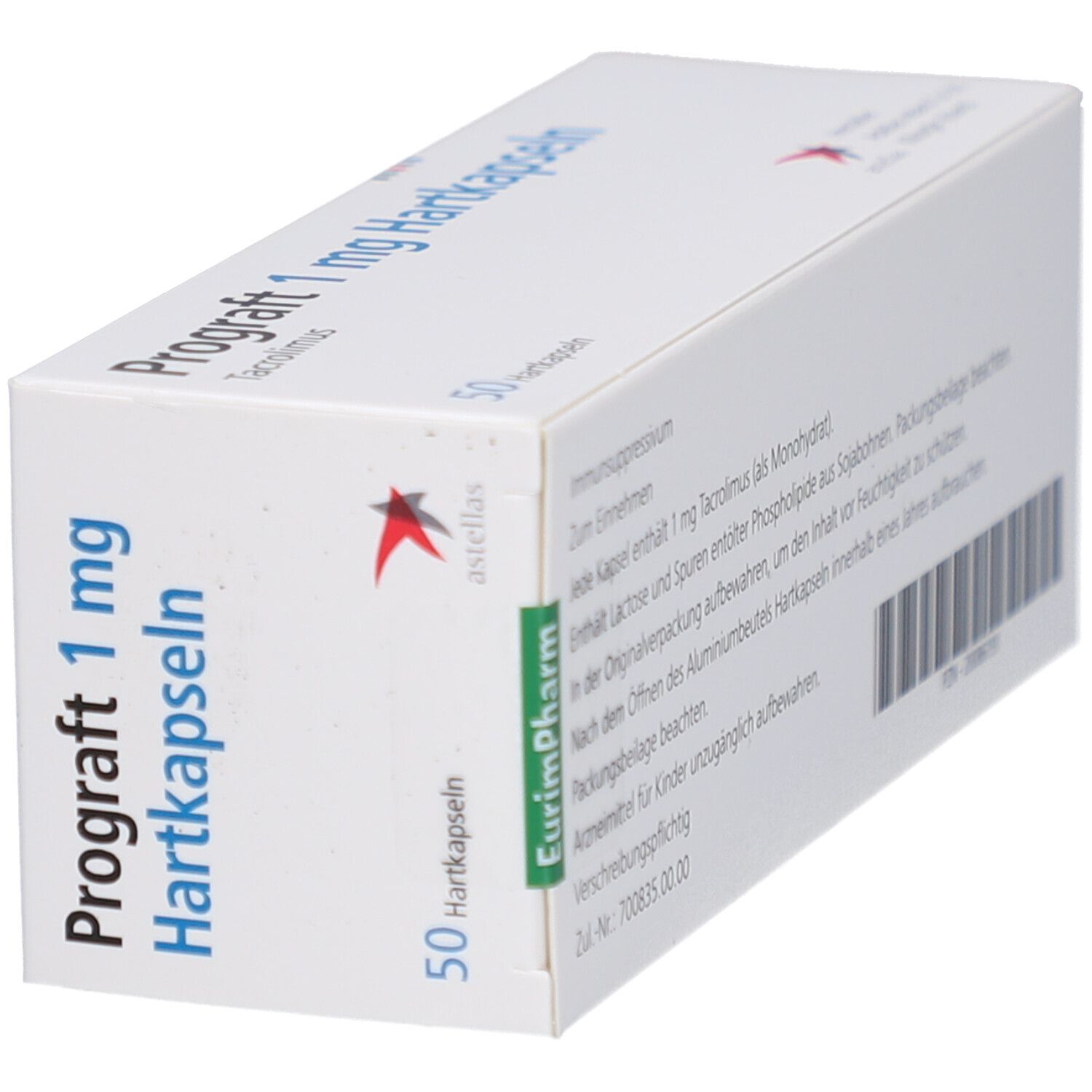 Schräge Ansicht der weißen Schachtel. Aufschrift: Prograft 1 mg Hartkapseln. Logo von Astellas und EurimPharm. 50 Hartkapseln.