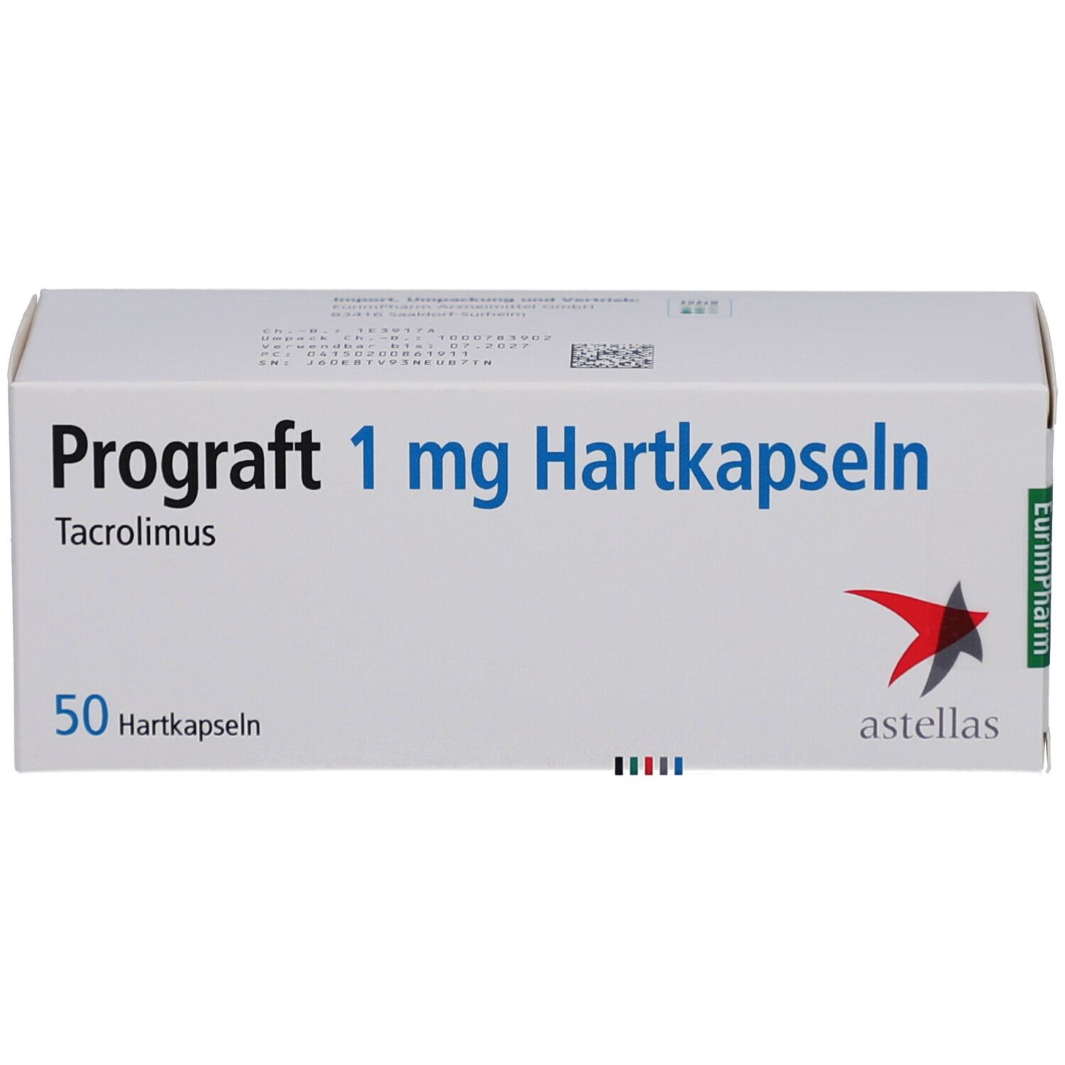 Weiße Schachtel mit blauer Aufschrift: Prograft 1 mg Hartkapseln. Enthält 50 Hartkapseln. Logo von Astellas und EurimPharm.
