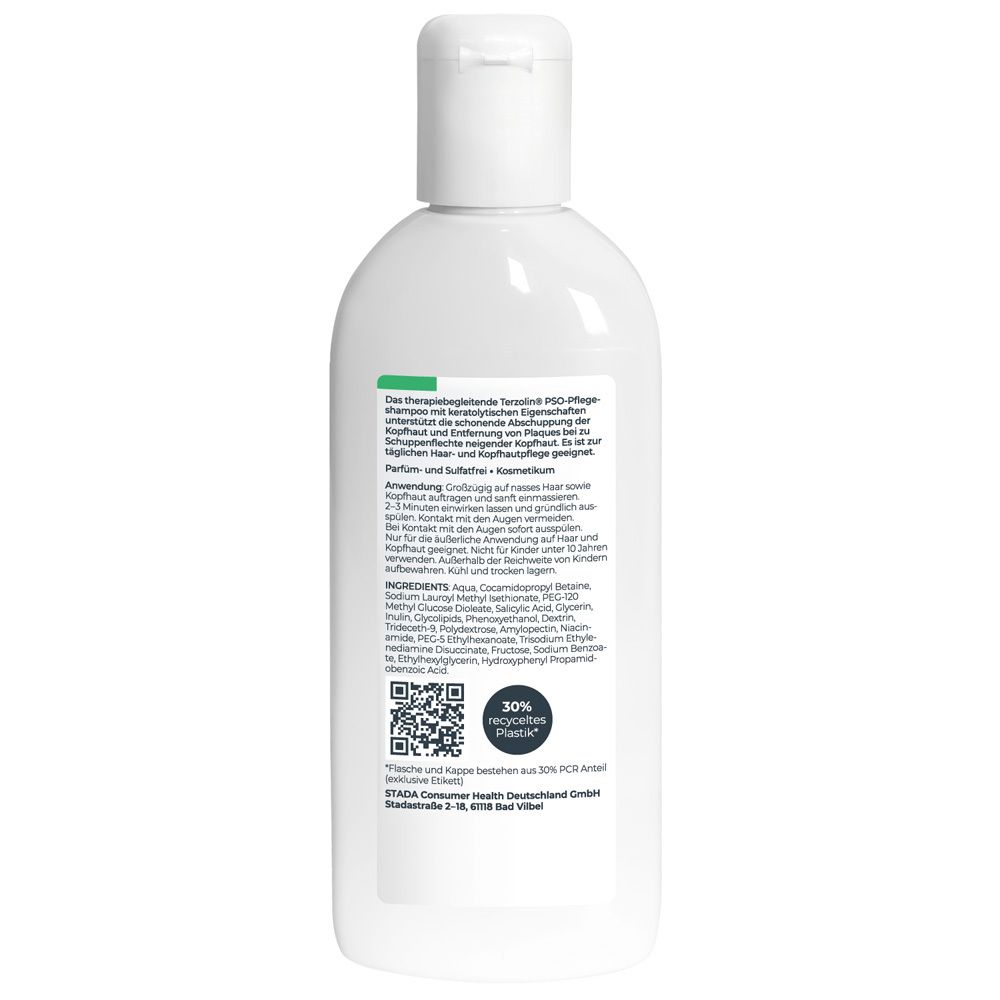 Rückseite der Flasche. Text mit Inhaltsstoffen und Anwendungshinweisen. QR-Code und Recycling-Logo.