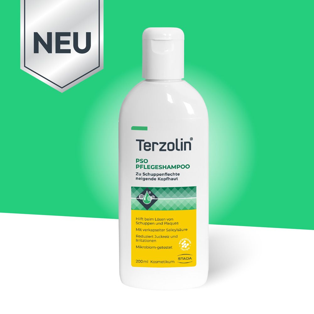Weiße Flasche mit grünem Etikett. Terzolin PSO Pflegeshampoo. 'NEU' Banner. Für zu Schuppenflechte neigende Kopfhaut.