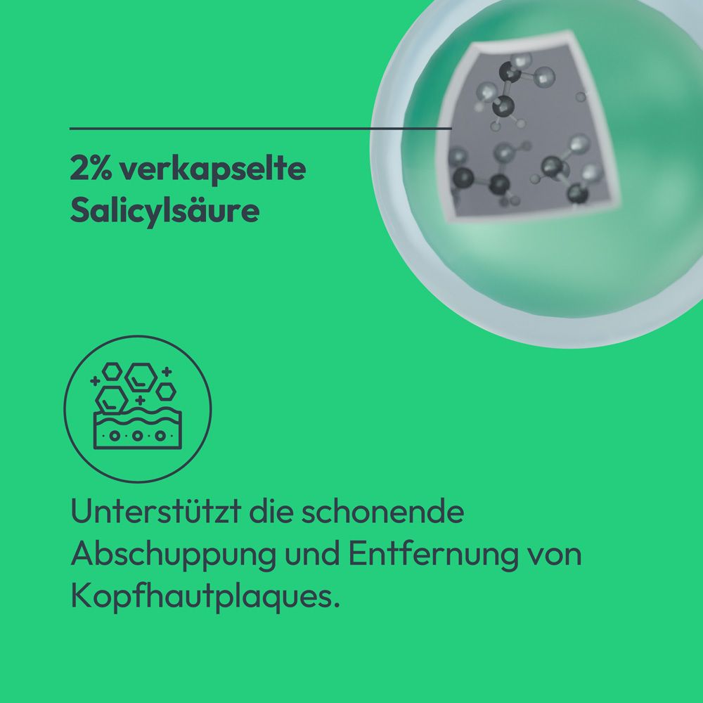 Grafik mit 2% verkapselter Salicylsäure. Unterstützt die schonende Abschuppung und Entfernung von Kopfhautplaques.