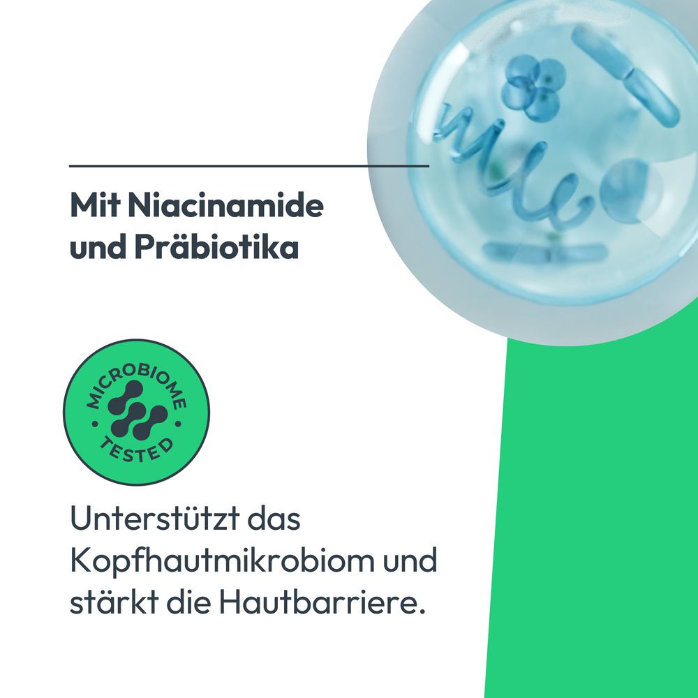 Grafik. Mit Niacinamid und Präbiotika. Unterstützt das Kopfhautmikrobiom und stärkt die Hautbarriere.