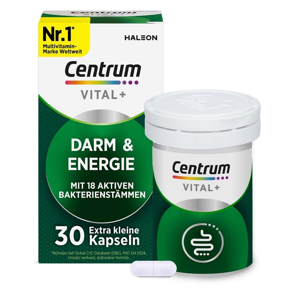 Centrum Vital+ Darm & Energie Kapseln. Verpackung und Dose mit Kapseln. Text: Darm & Energie, 30 Kapseln.
