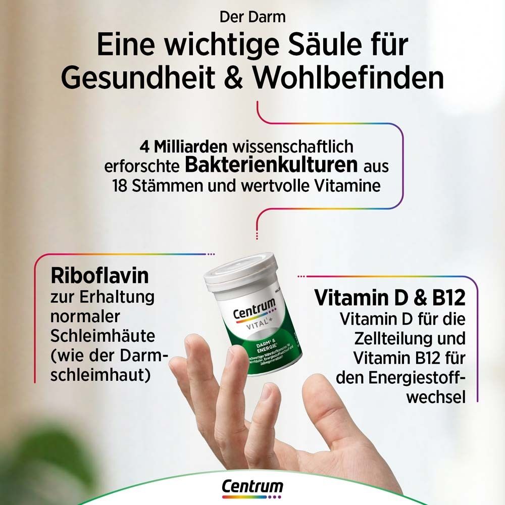 Hand hält Dose mit Kapseln. Text: 4 Milliarden Bakterienkulturen, Riboflavin, Vitamin D & B12. Centrum Vital+ Logo.