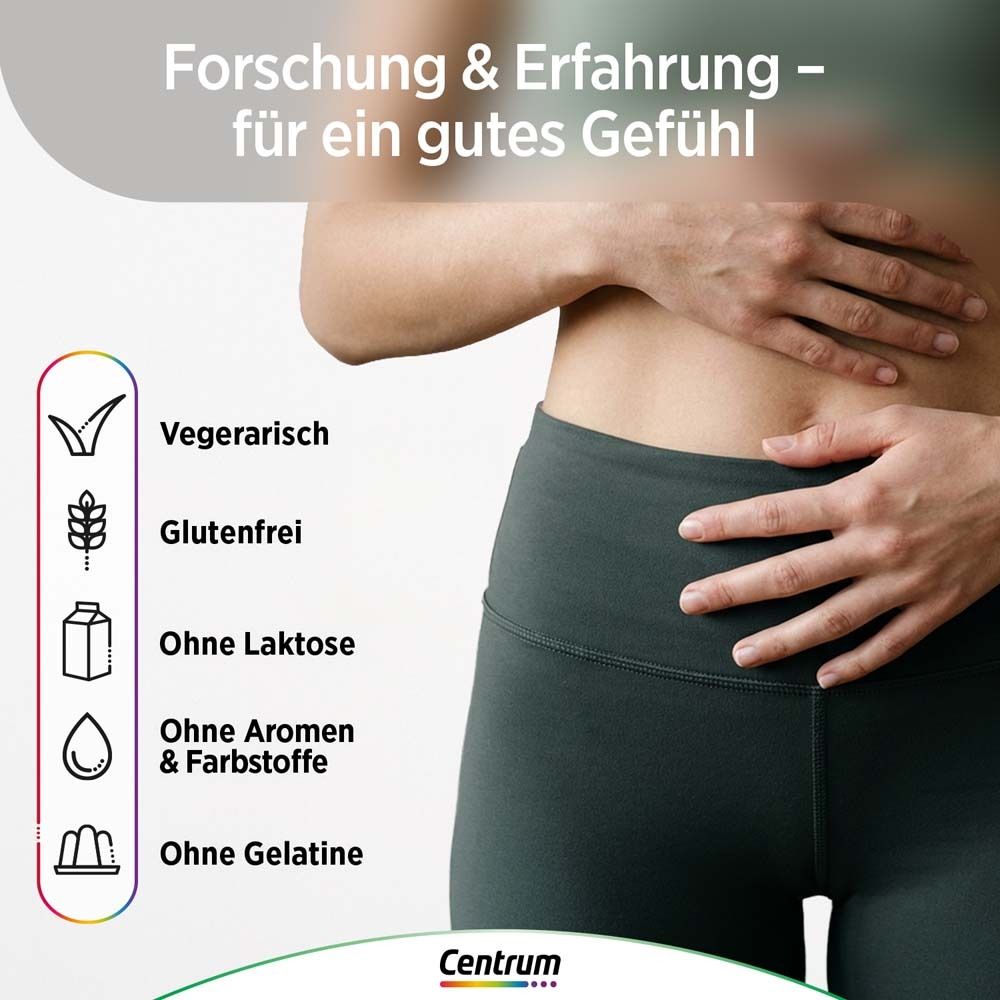 Text: Vegerarisch, glutenfrei, ohne Laktose, ohne Aromen & Farbstoffe, ohne Gelatine. Centrum Vital+ Logo.