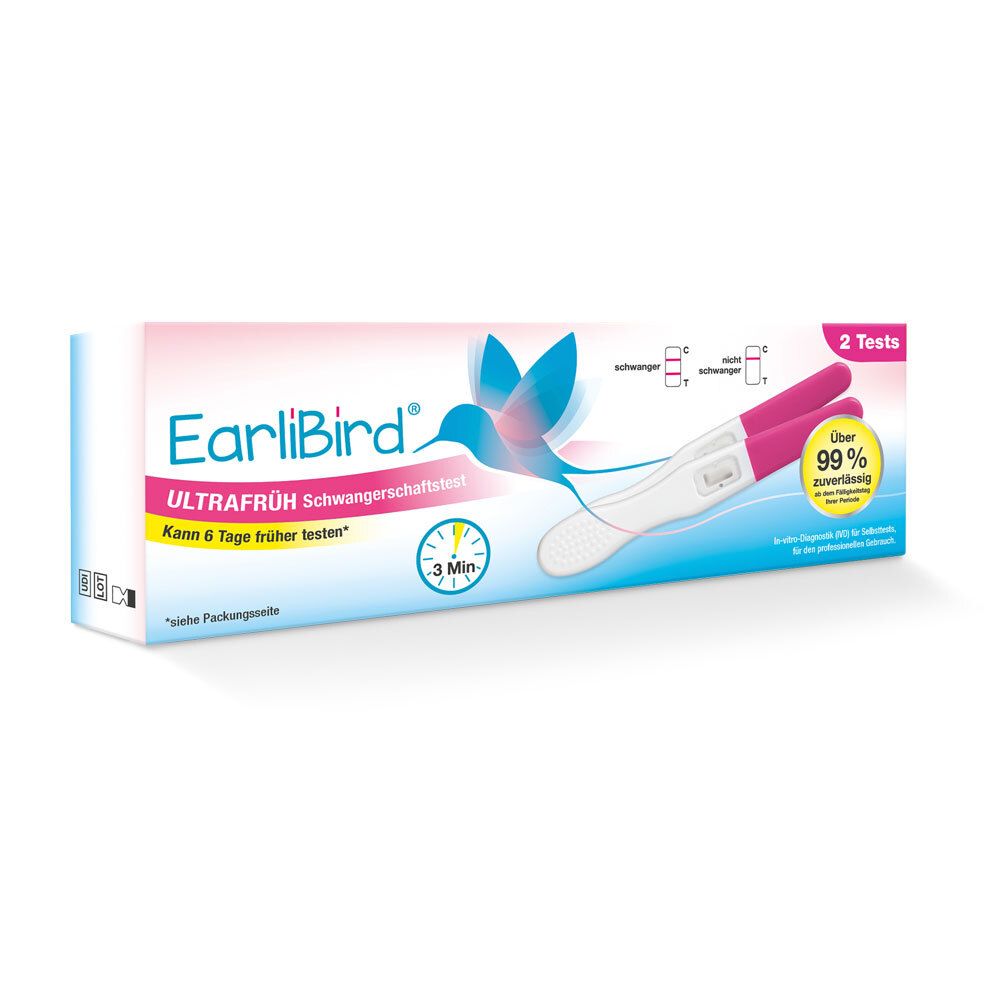 Verpackung von EarliBird® Ultrafrüh Schwangerschaftstest. Enthält zwei Tests. Rosa und blaue Elemente. Text: Ultrafrüh, 2 Tests.